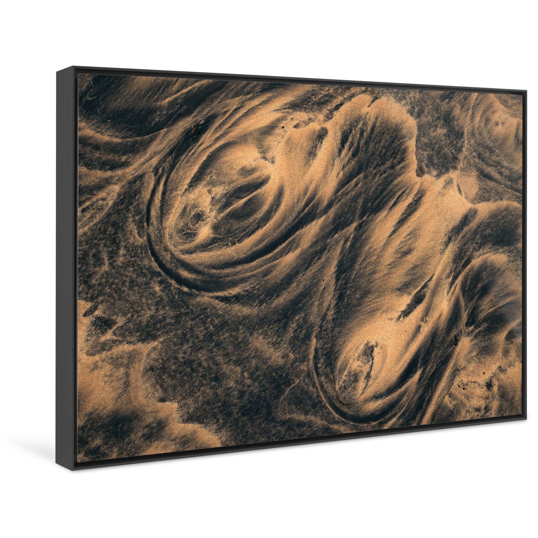 Framed photo print of dark and light sand structures formed by receding water