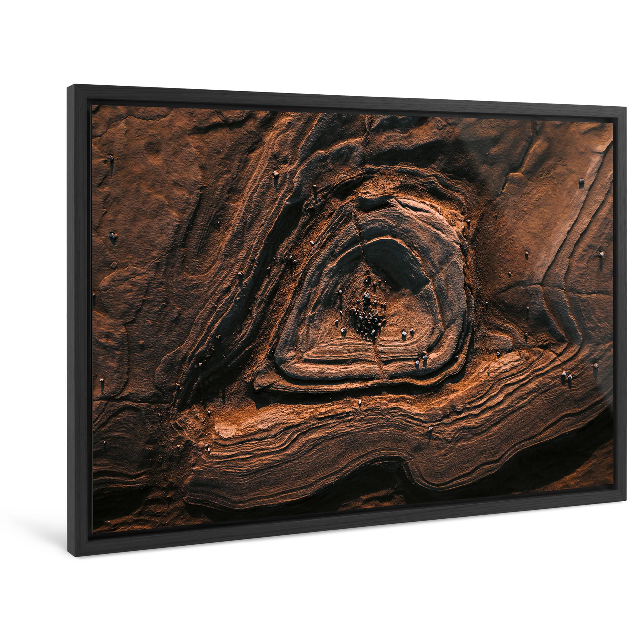 Framed photo print of abstract aerial view showing meltwater-shaped patterns in sand