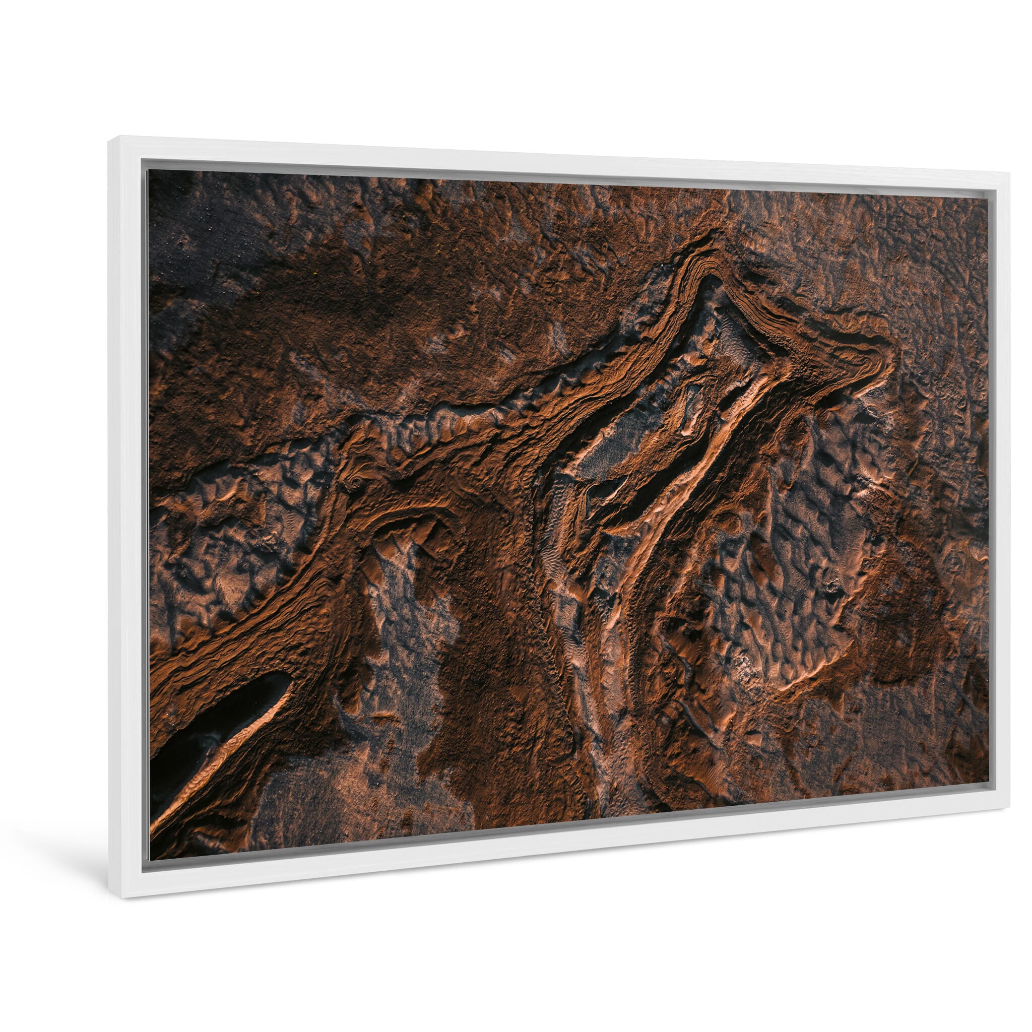 Framed photo print of Icelandic terrain marked by retreating glacier and sediment flow