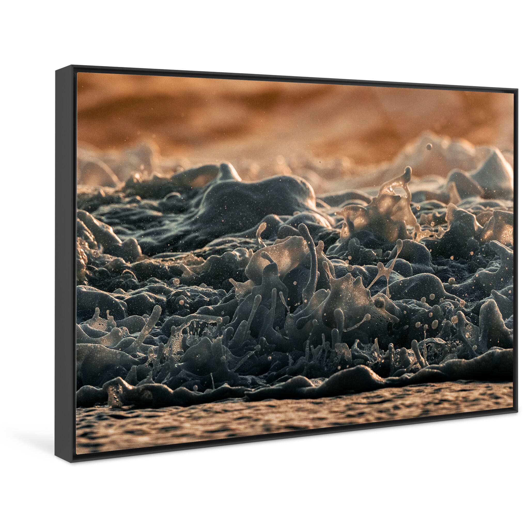 Framed photo print of delicate wave motion illuminated by low sun