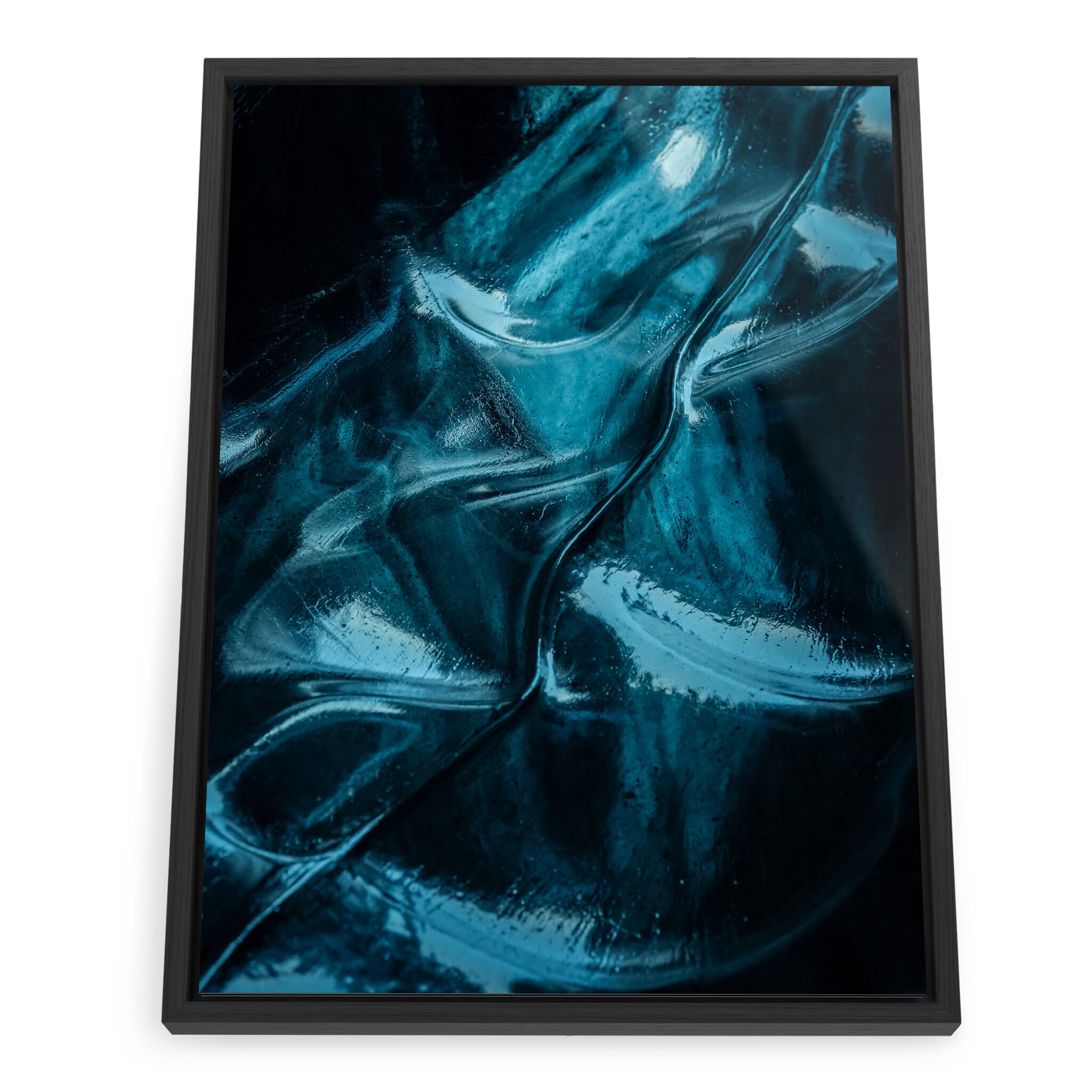 Framed photo print of layered ice textures in brilliant blue tones
