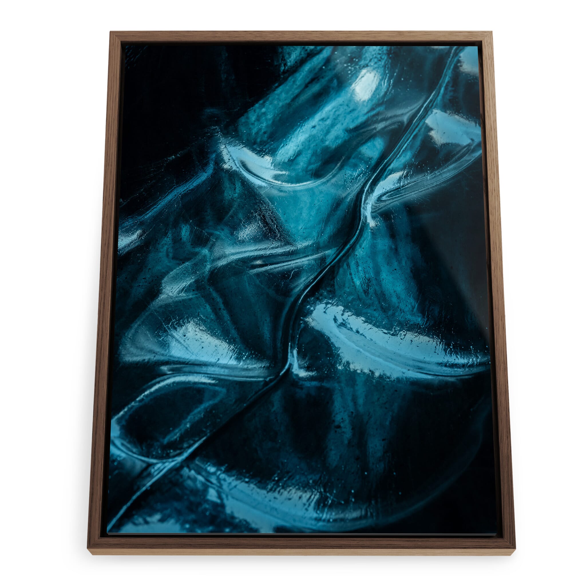 Framed photo print of layered ice textures in brilliant blue tones