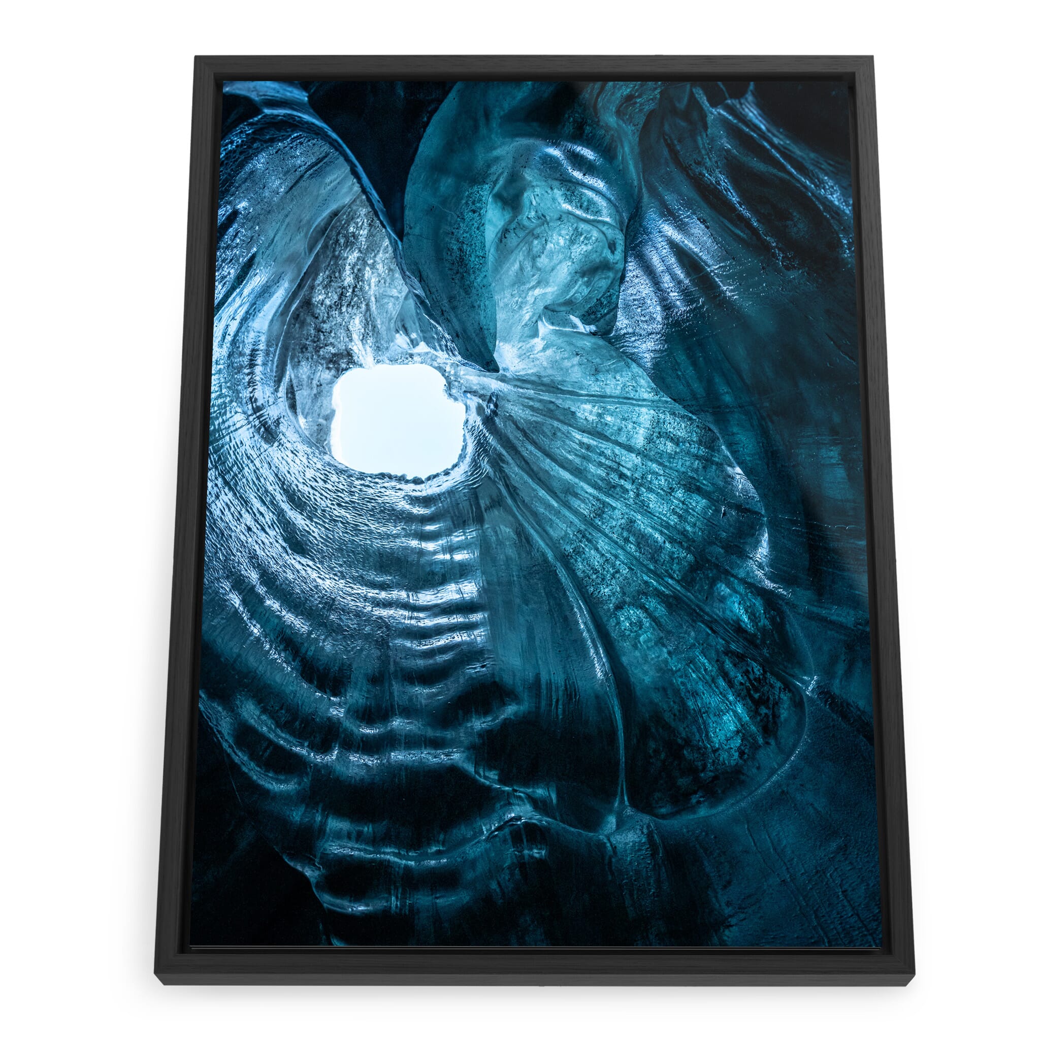 Framed photo print of vibrant blue ice bands shaped by centuries of pressure and motion