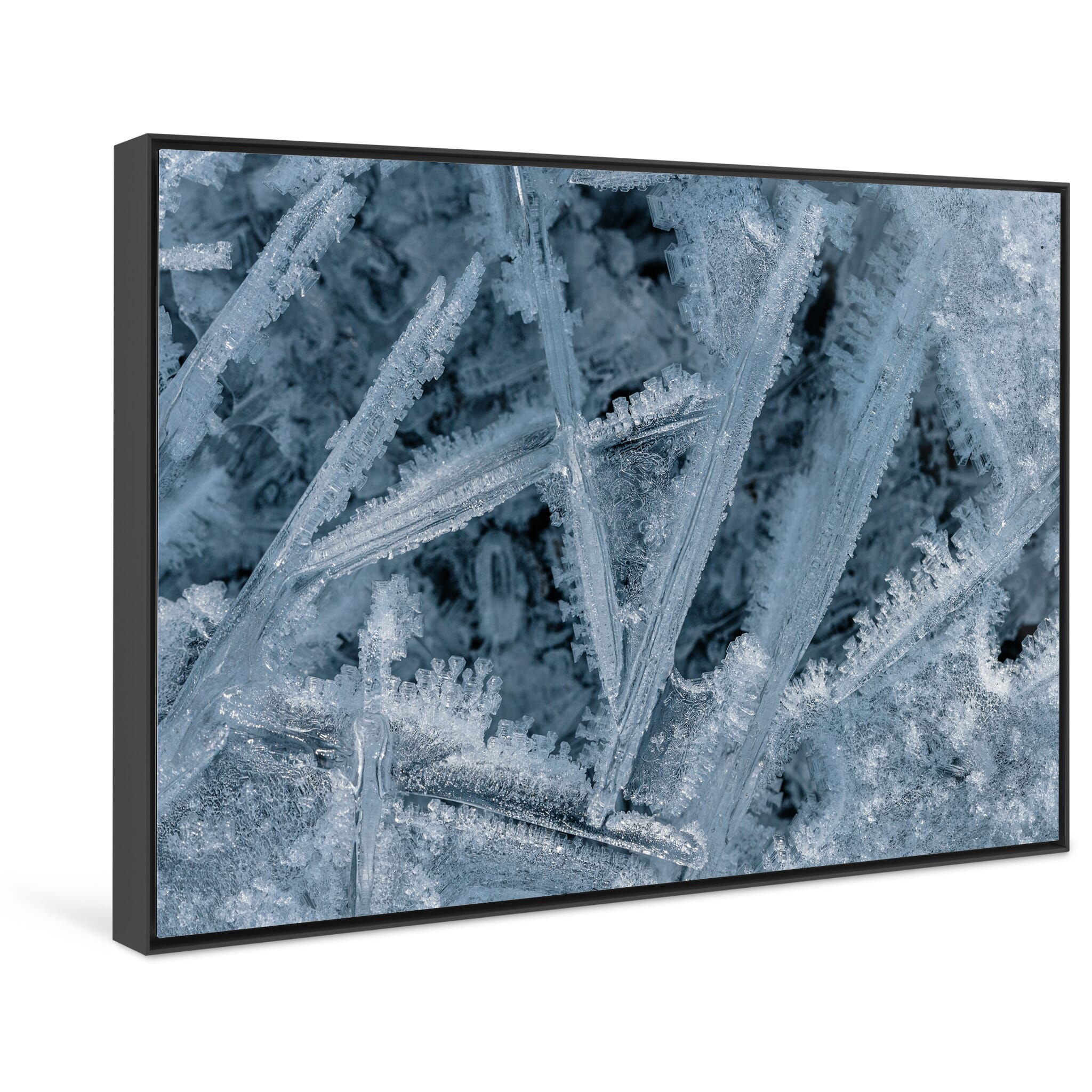 Framed photo print of close-up macro view of growing ice crystals in cold winter