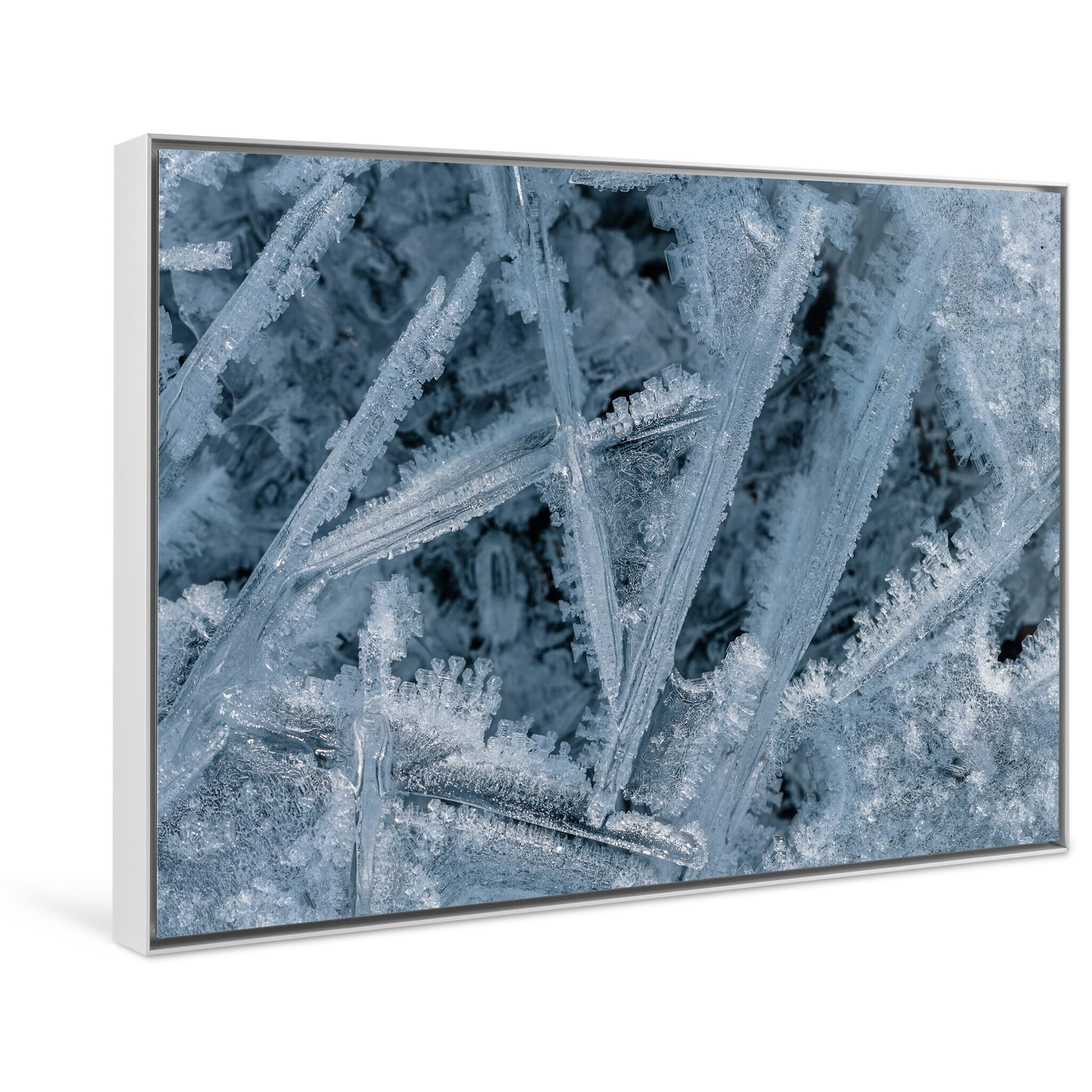 Framed photo print of fine ice geometry captured in macro scale and natural light