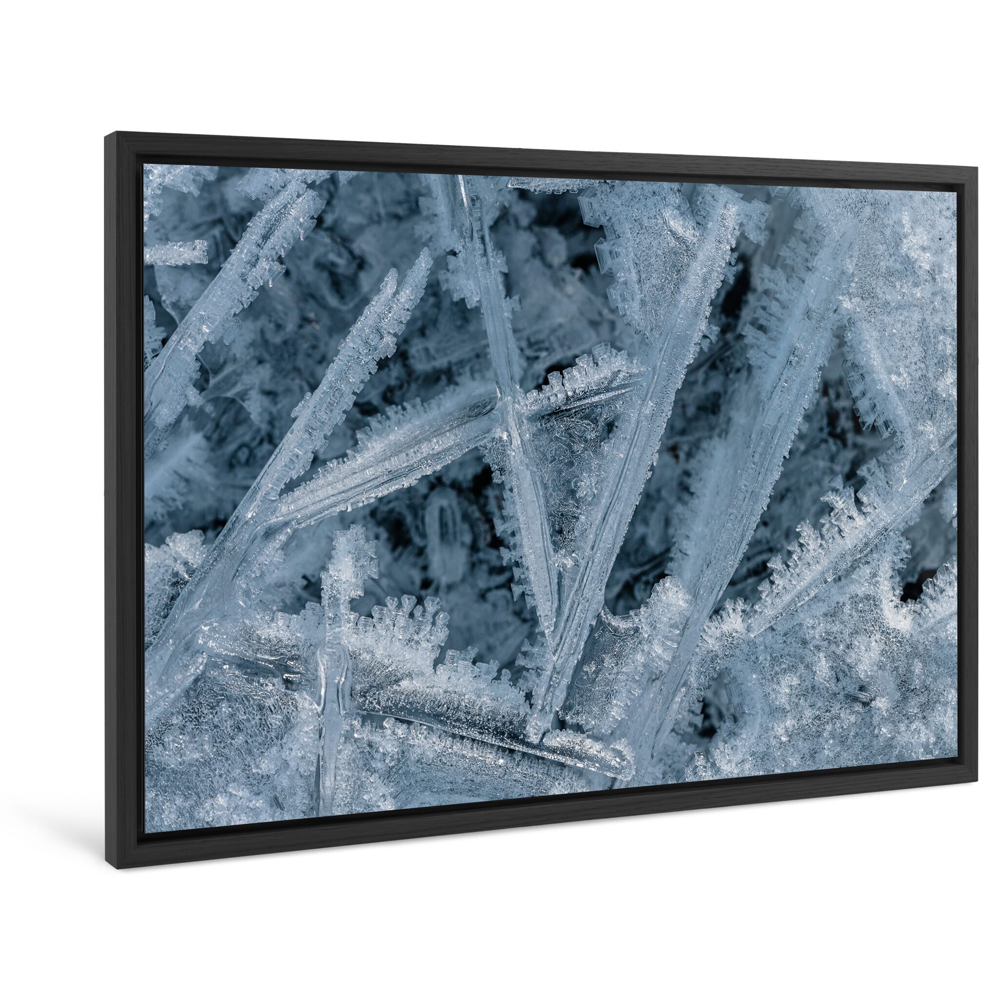 Framed photo print of macro ice lattice structures shaped by freezing water molecules