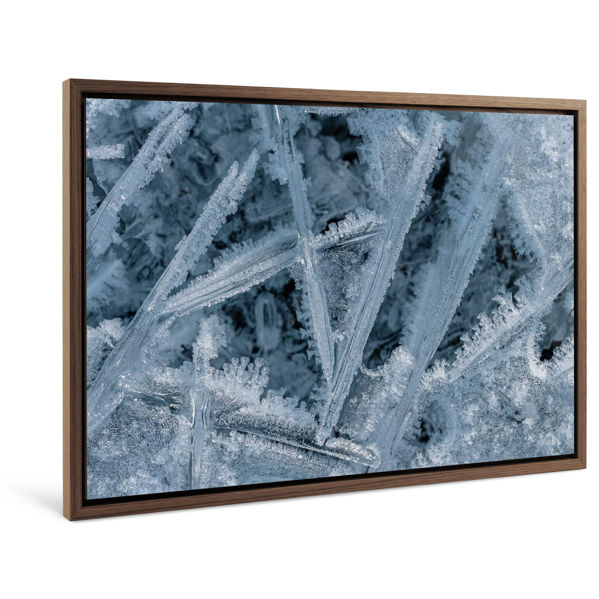 Framed photo print of abstract macro surface highlighting intricate ice formations