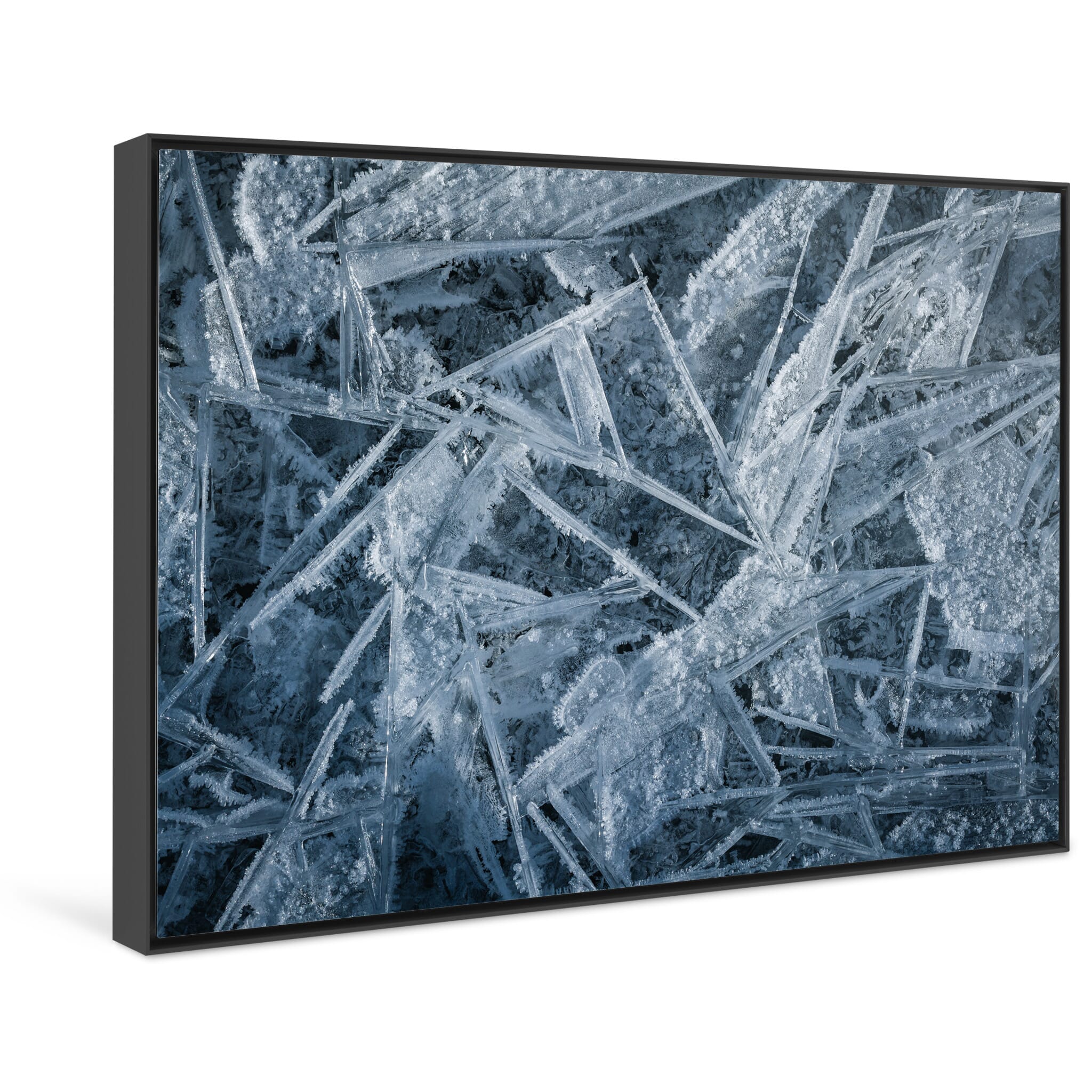 Framed photo print of close-up macro view of growing ice crystals in cold winter