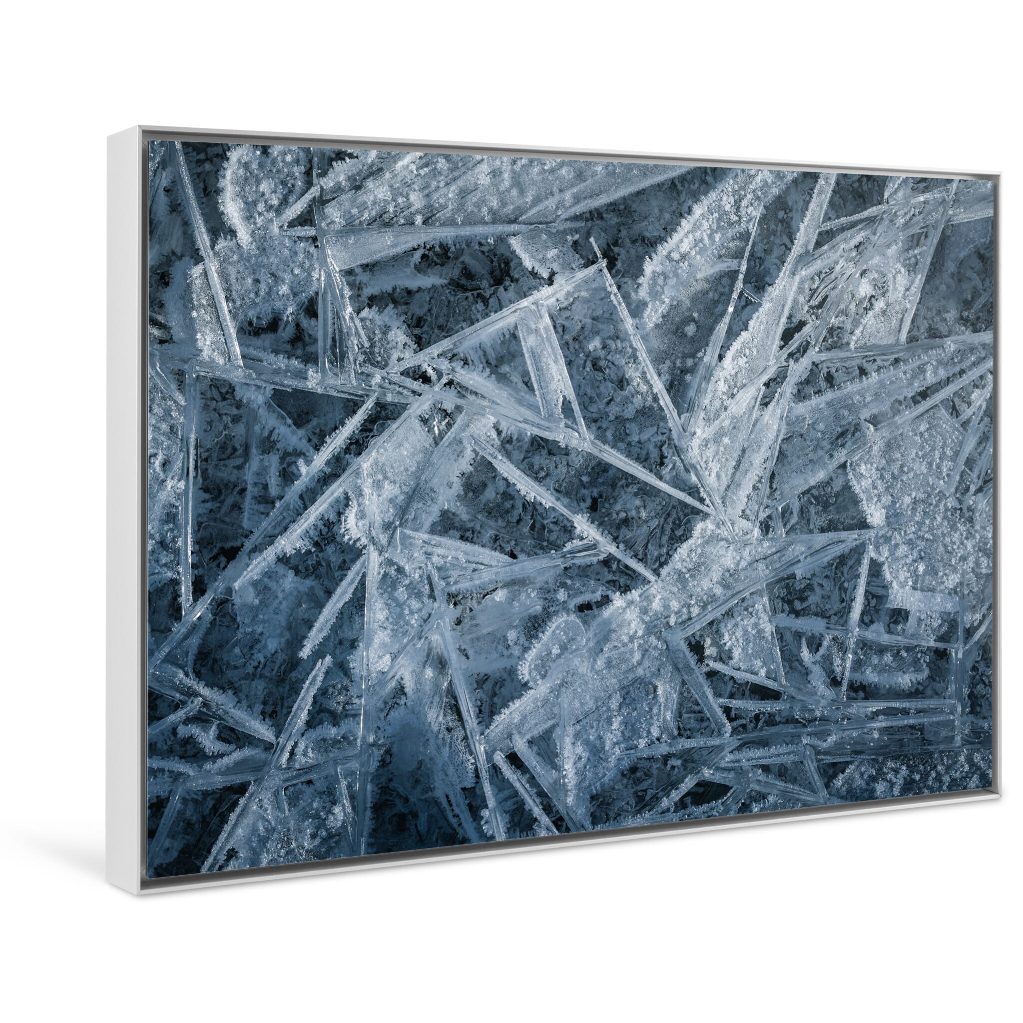 Framed photo print of fine ice geometry captured in macro scale and natural light