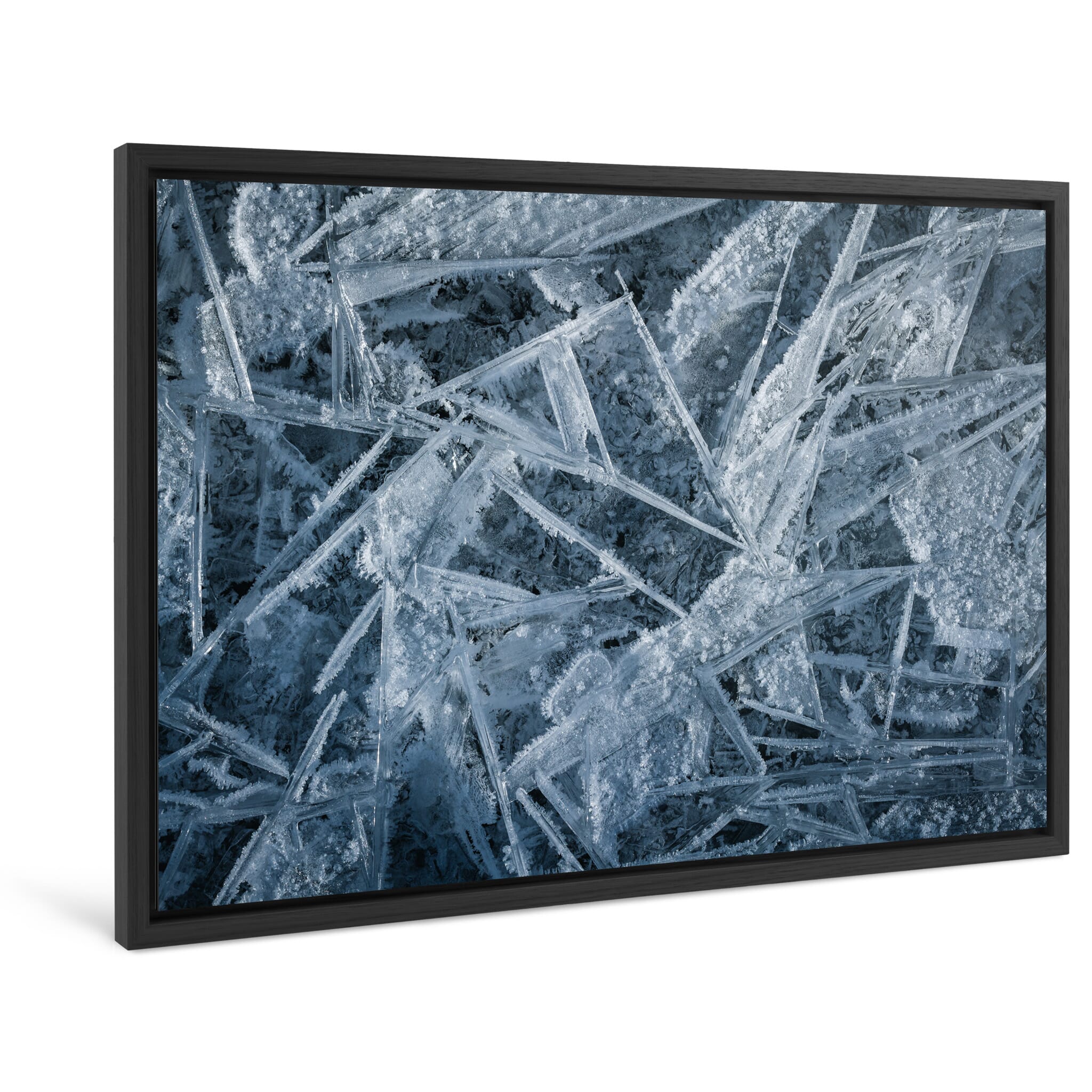 Framed photo print of macro ice lattice structures shaped by freezing water molecules