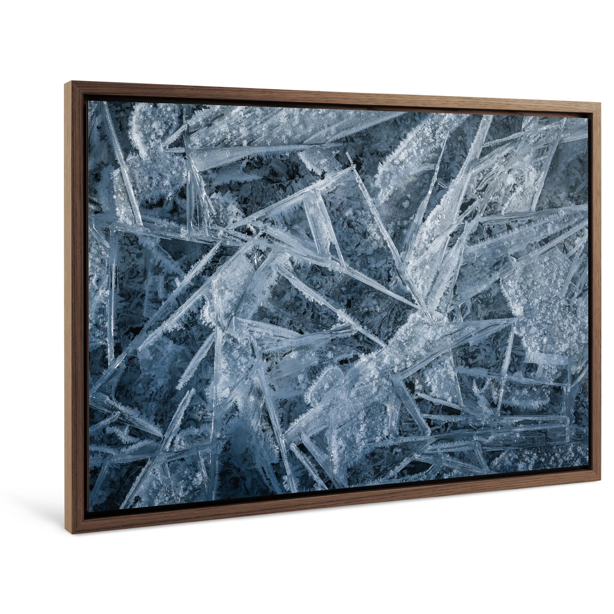 Framed photo print of abstract macro surface highlighting intricate ice formations