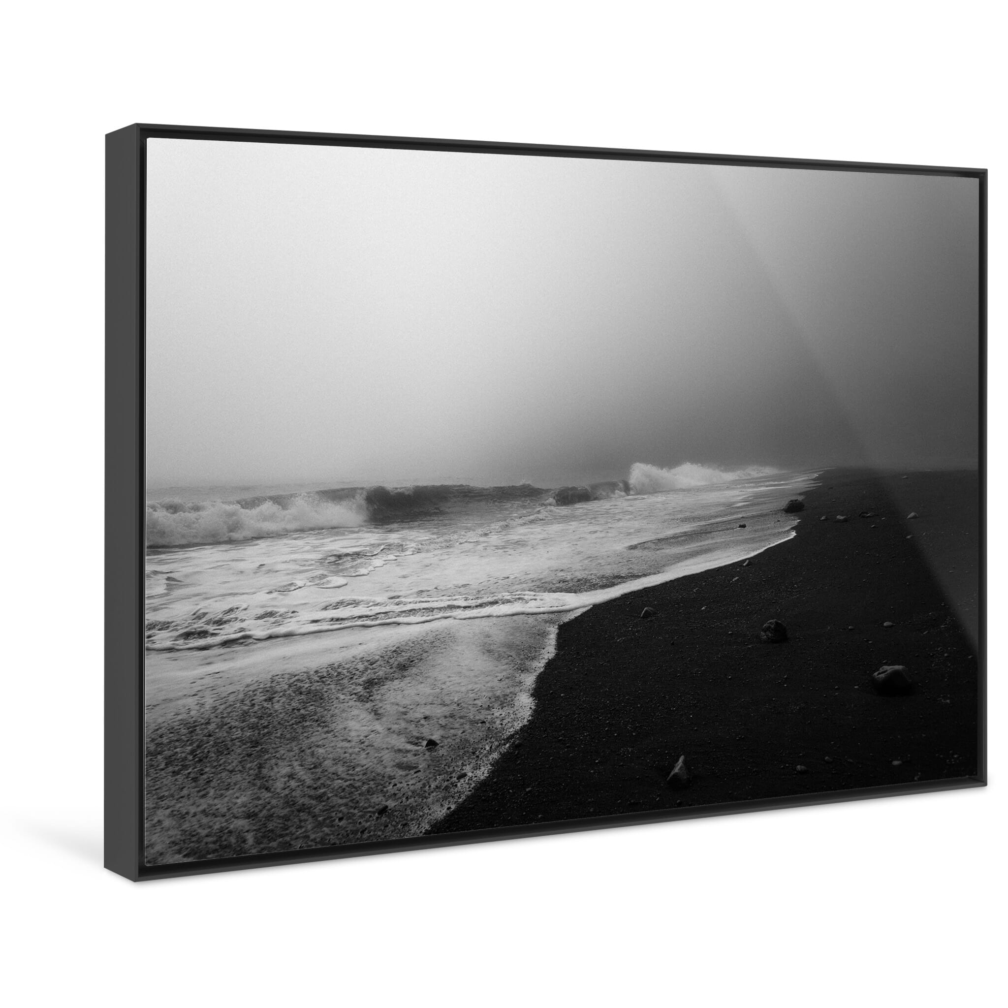 Framed photo print of atmospheric shoreline with sea fog and volcanic textures