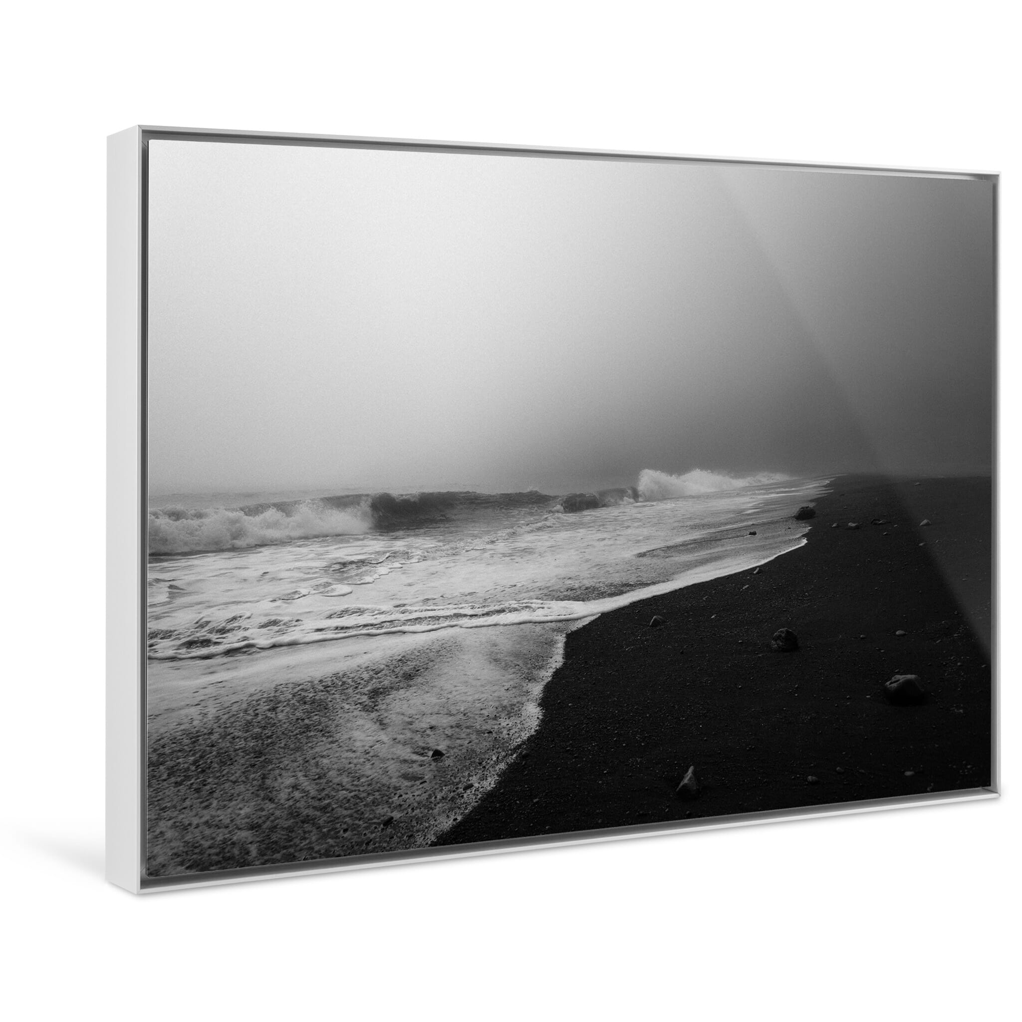 Framed photo print of abstract Icelandic beach with waves meeting dark sand in fog