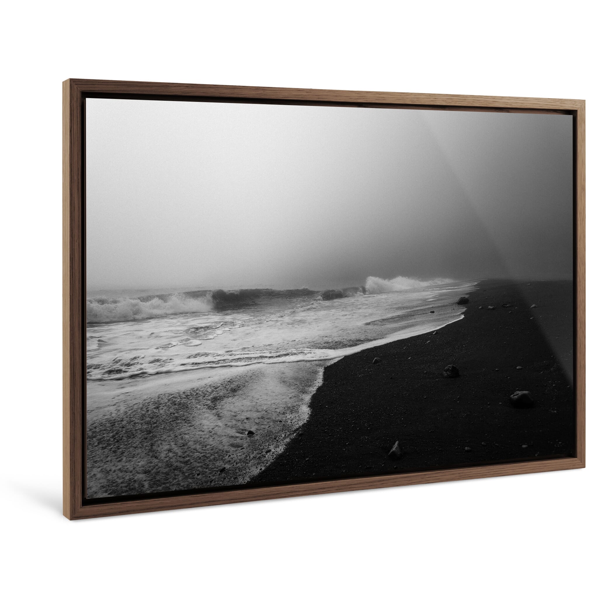 Framed photo print of quiet black and white landscape with soft light and black sand