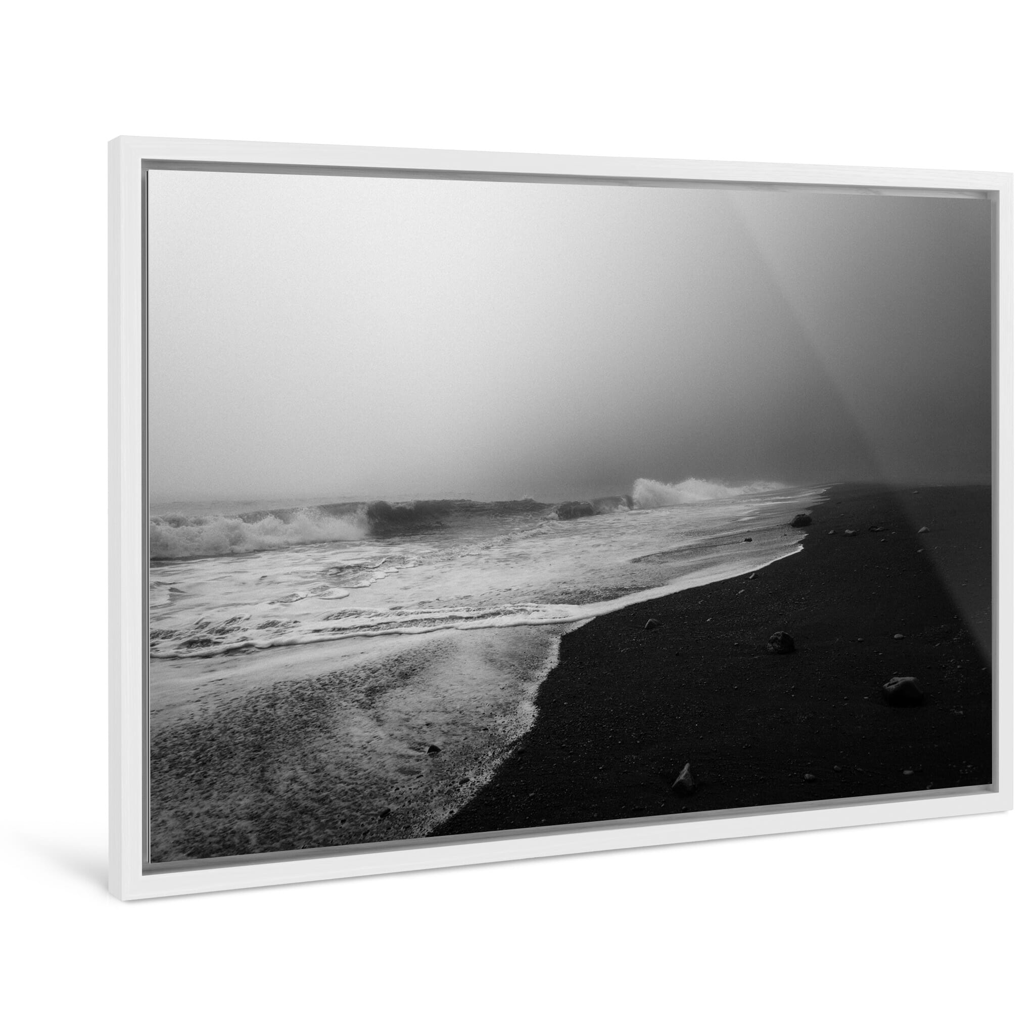 Framed photo print of minimalist coastal scene shaped by fog and ocean contrasts