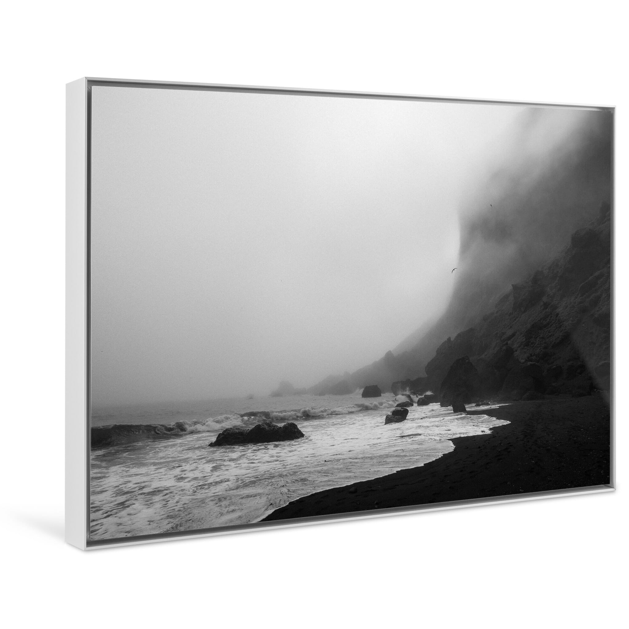 Framed photo print of serene shoreline atmosphere with cliffs, ocean, and dense fog