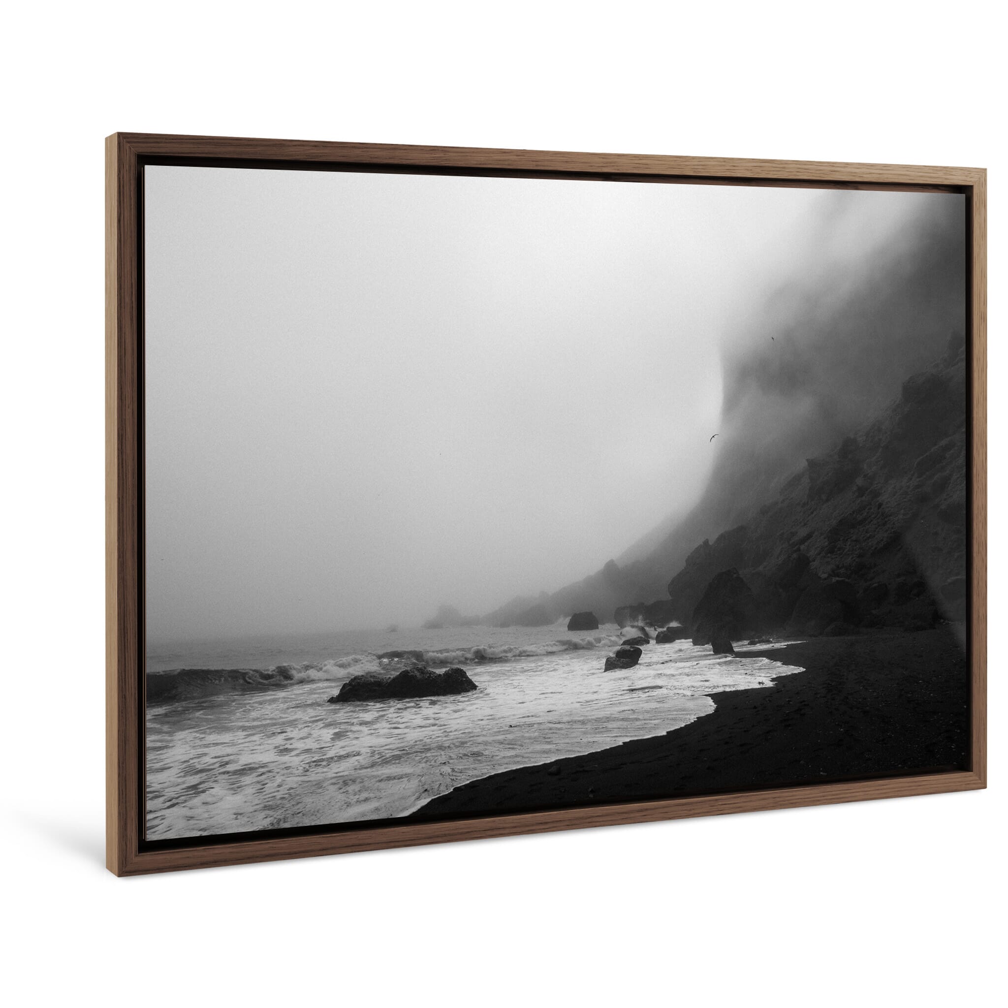 Framed photo print of foggy seascape with Iceland’s dark coast and ocean spray