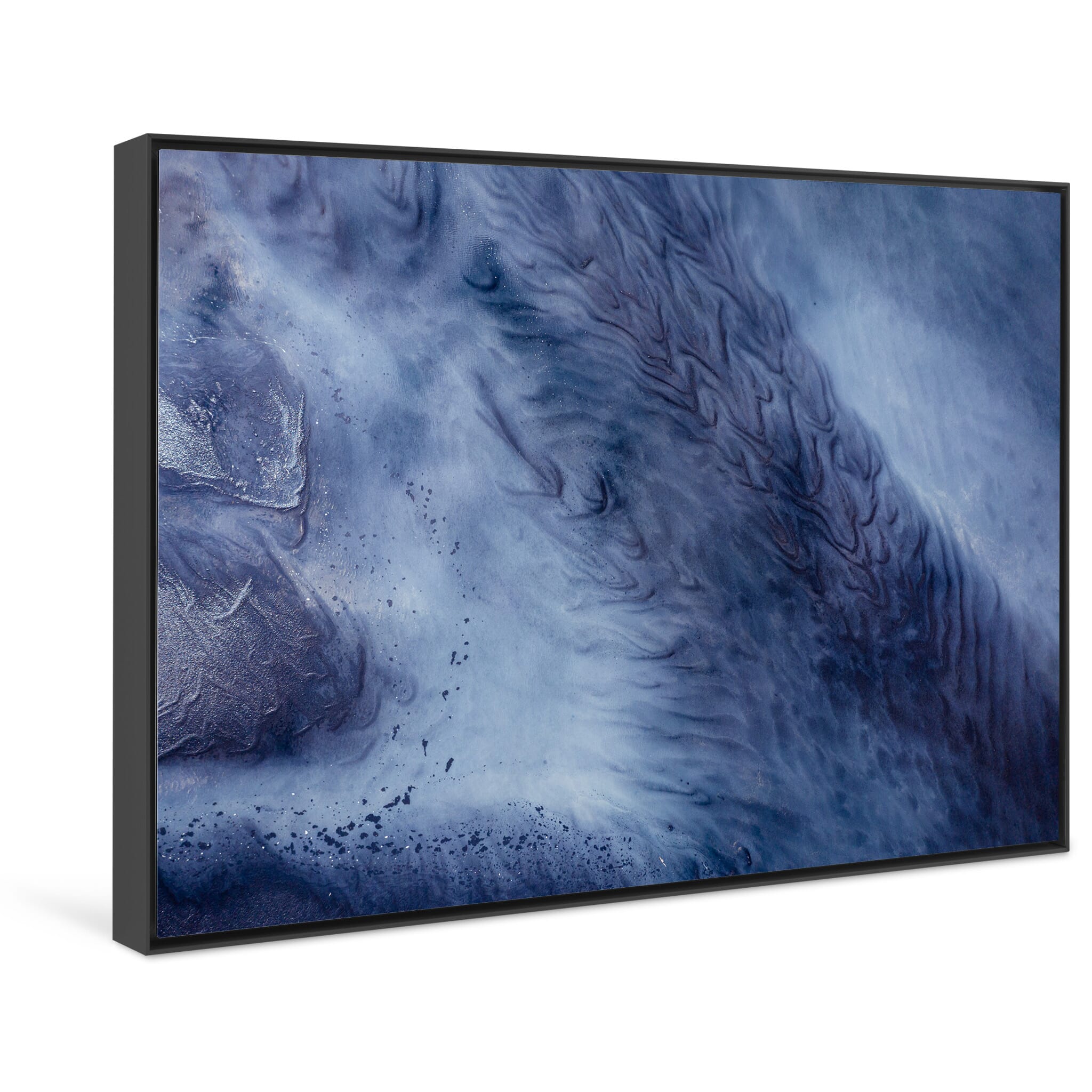 Framed photo print of swirling tidal currents revealing abstract forms from above
