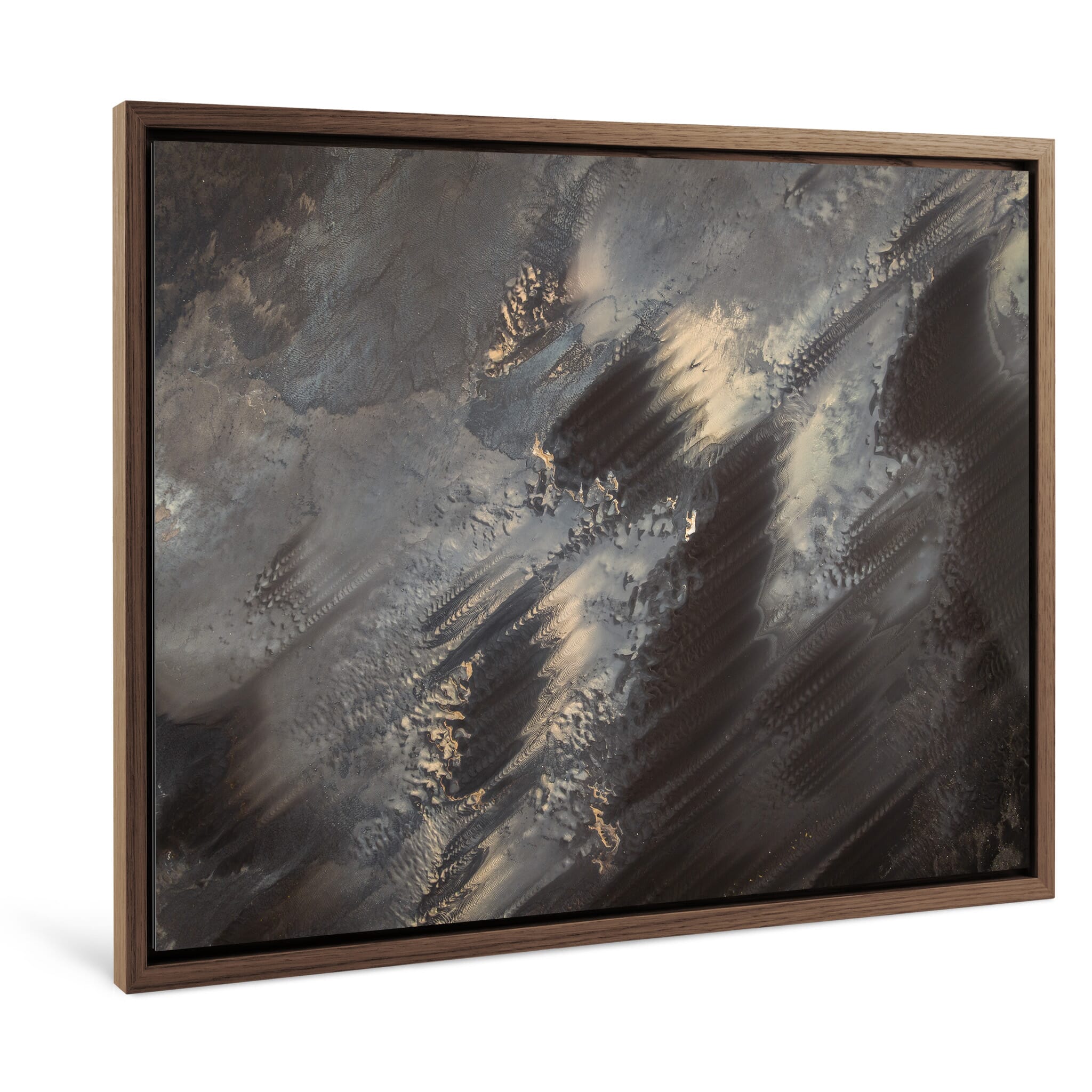 Framed photo print of glitch-like sand structures on Icelandic shoreline