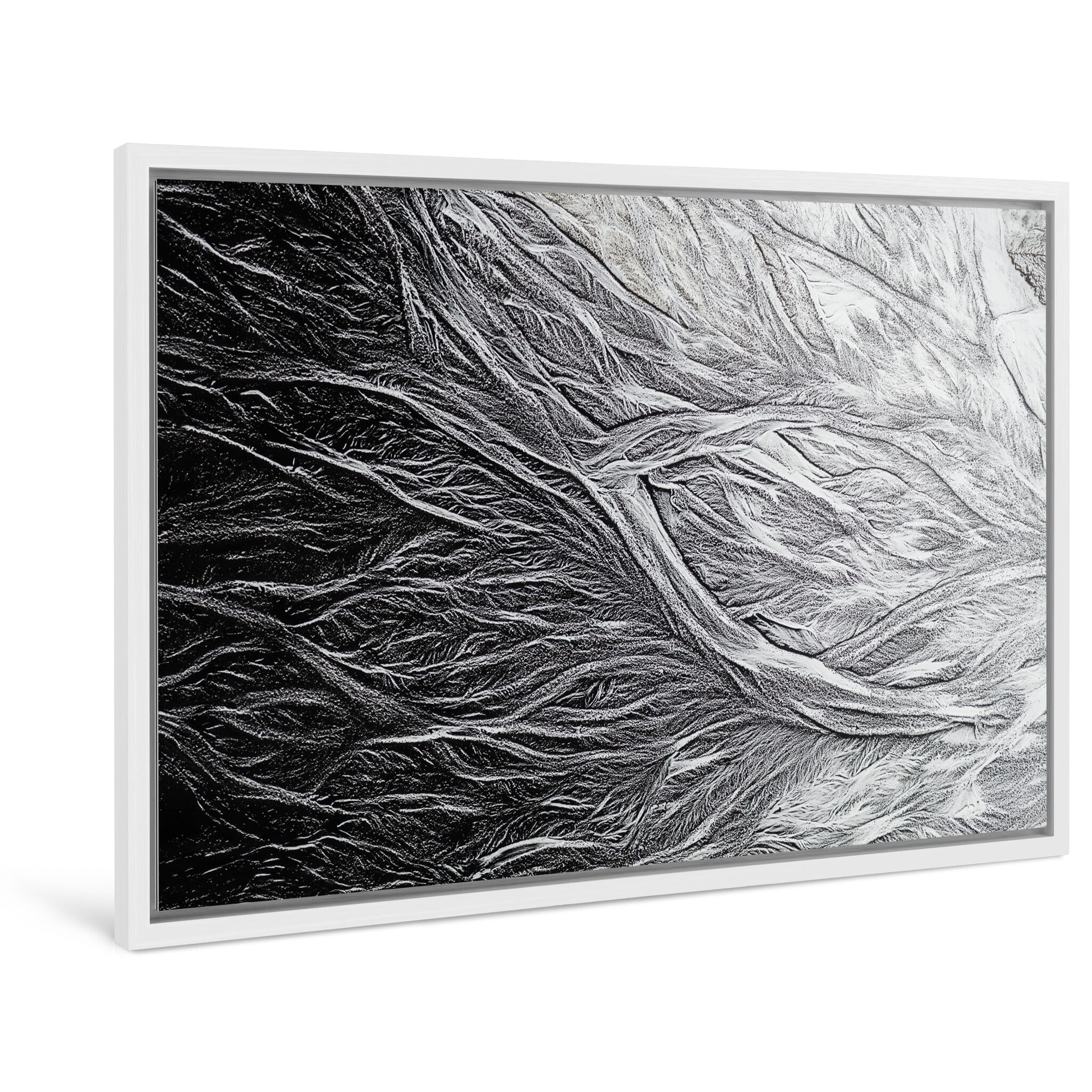 Framed photo print of shallow snow-lined channels with natural contrast and minimal forms