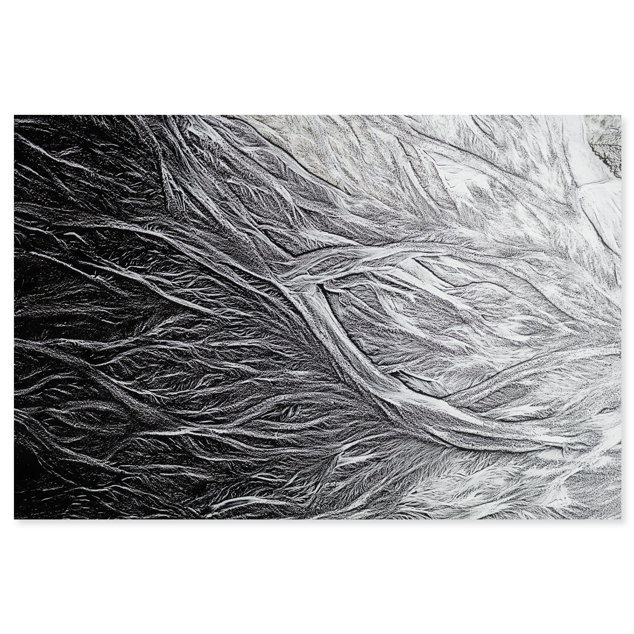 Fine art print of aerial view in Icelandic highlands with snow-filled glacial river channels