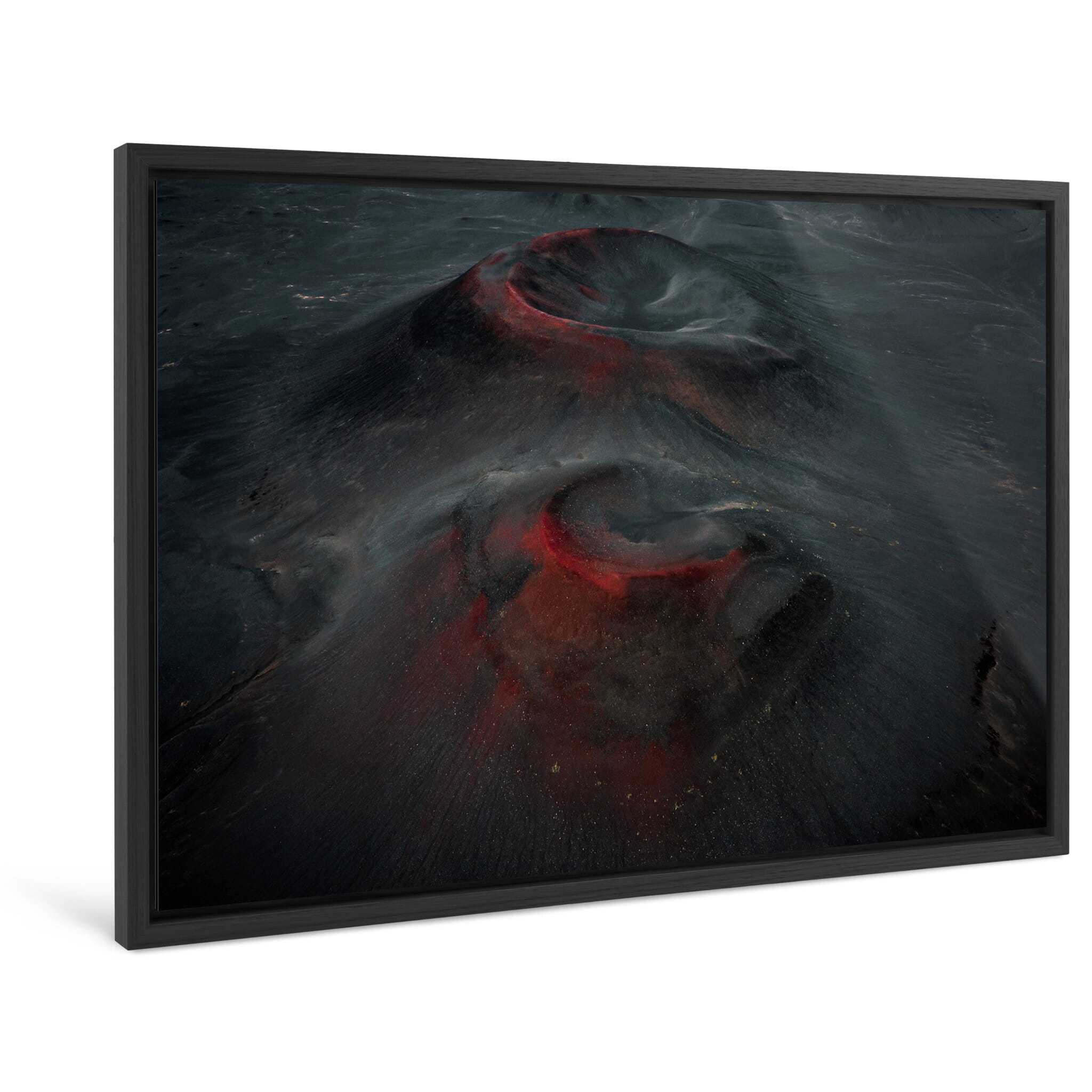 Framed photo print of stark crater textures shaped by volcanic activity