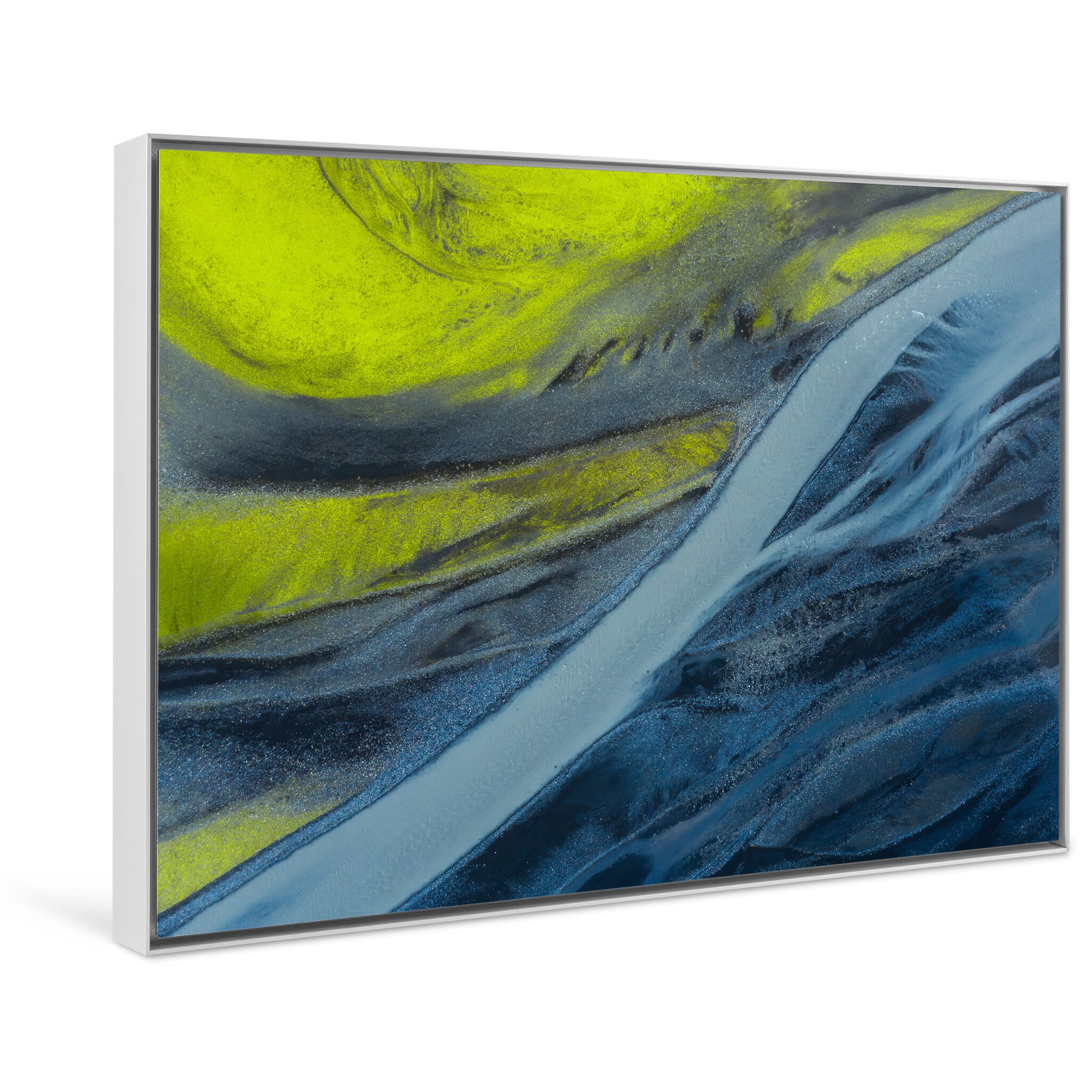 Framed photo print of glacier-fed river merging with lush moss in a striking composition