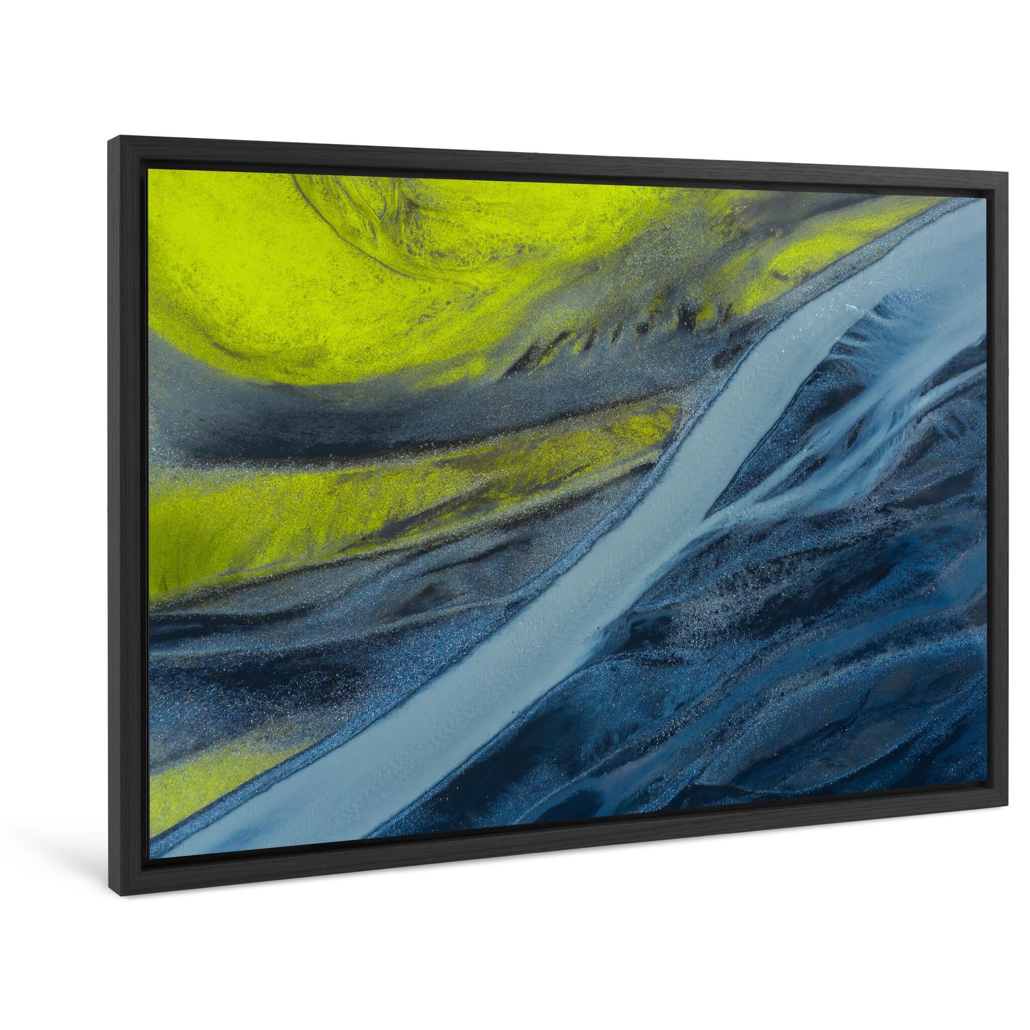 Framed photo print of vivid moss and winding water channels in the Icelandic highlands