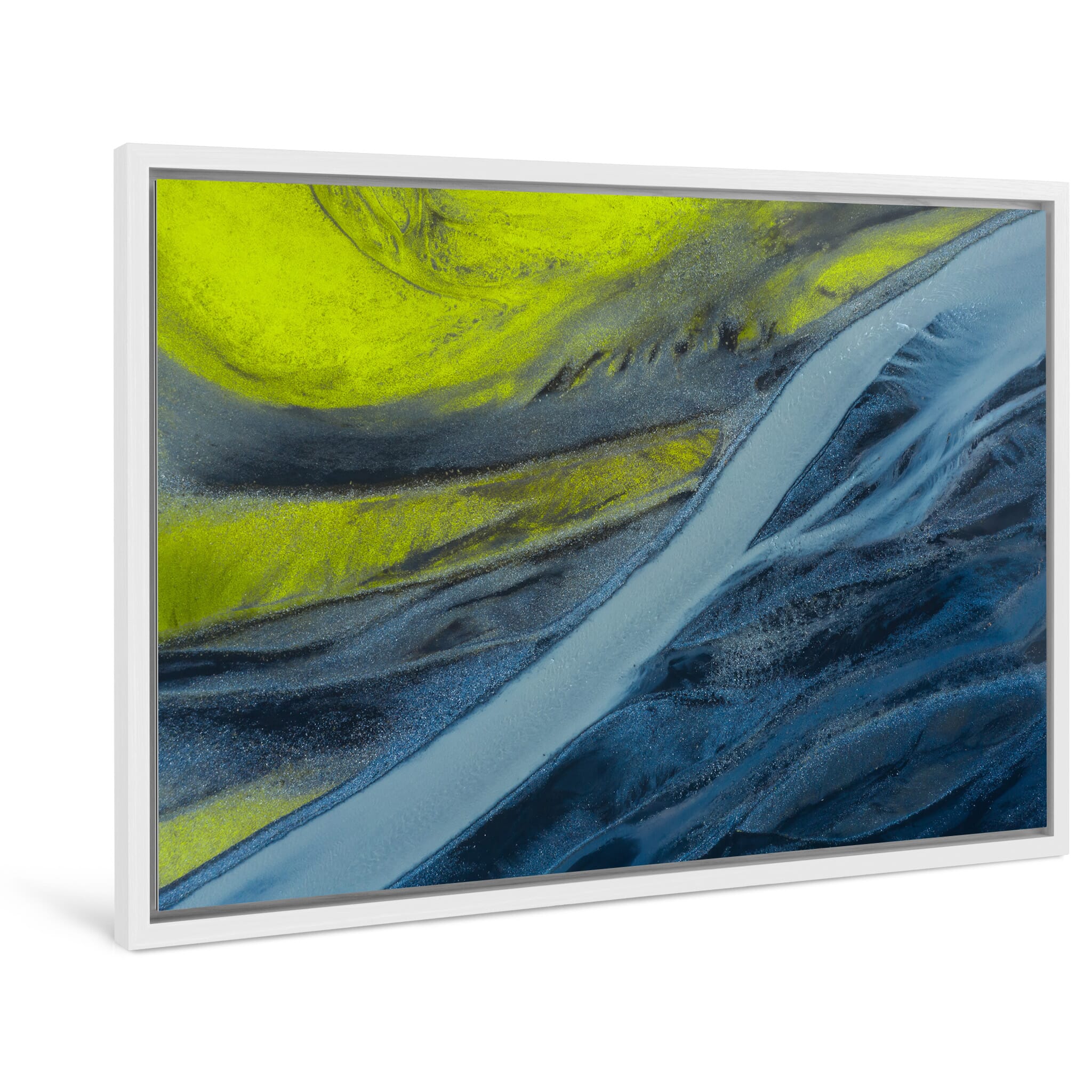 Framed photo print of contrasting neon green terrain and deep blue glacial flow