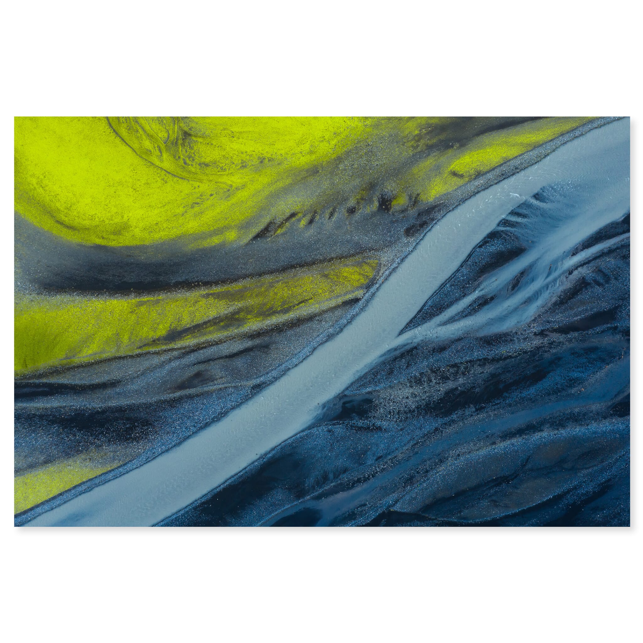 Fine art print of neon green moss meeting a glacier river in Iceland from an aerial view