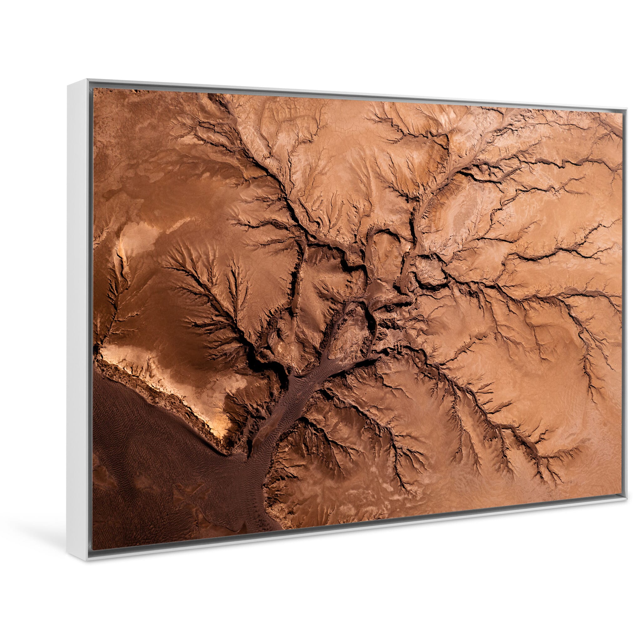 Framed photo print of braided river system seen from above in soft tones