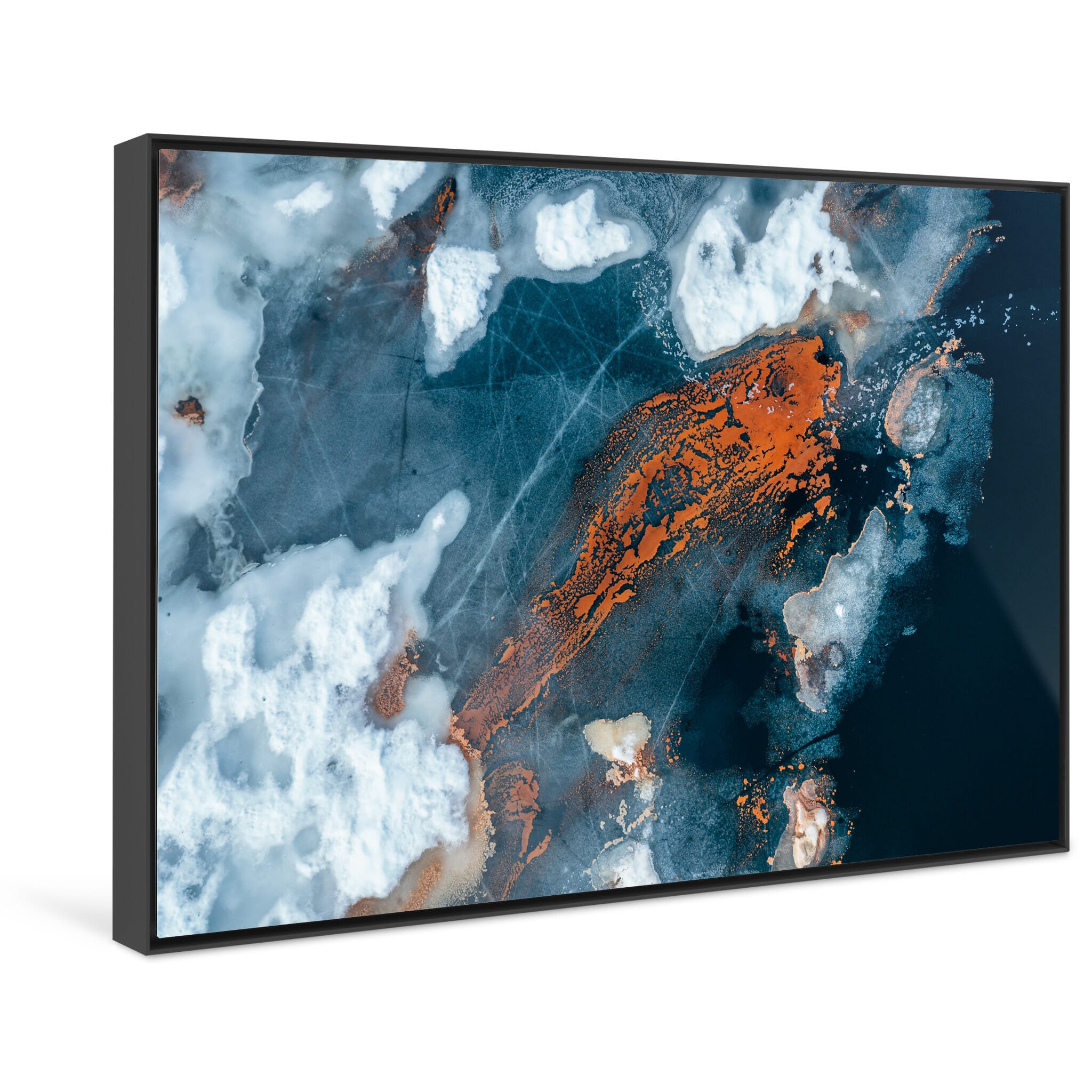 Framed photo print of artistic aerial composition blending ice, color, and reflection
