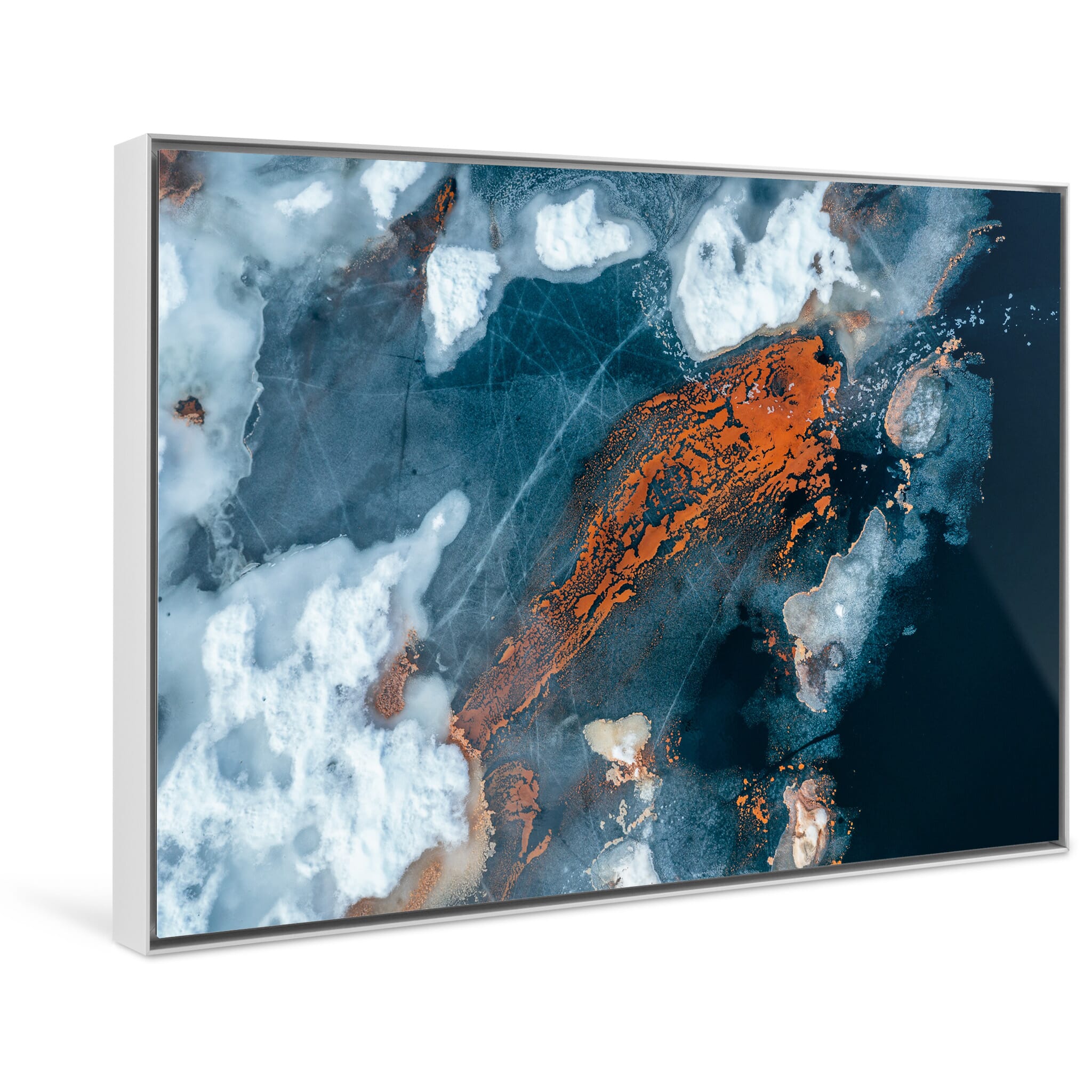 Framed photo print of Norway lake surface with flowing organic forms and contrasting tones