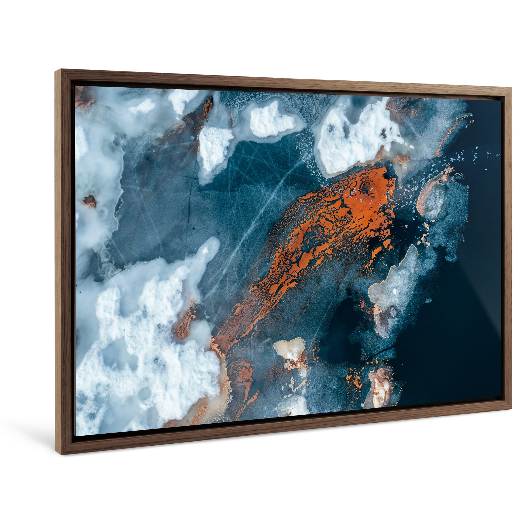 Framed photo print of abstract water textures shaped by pollen and snow remnants
