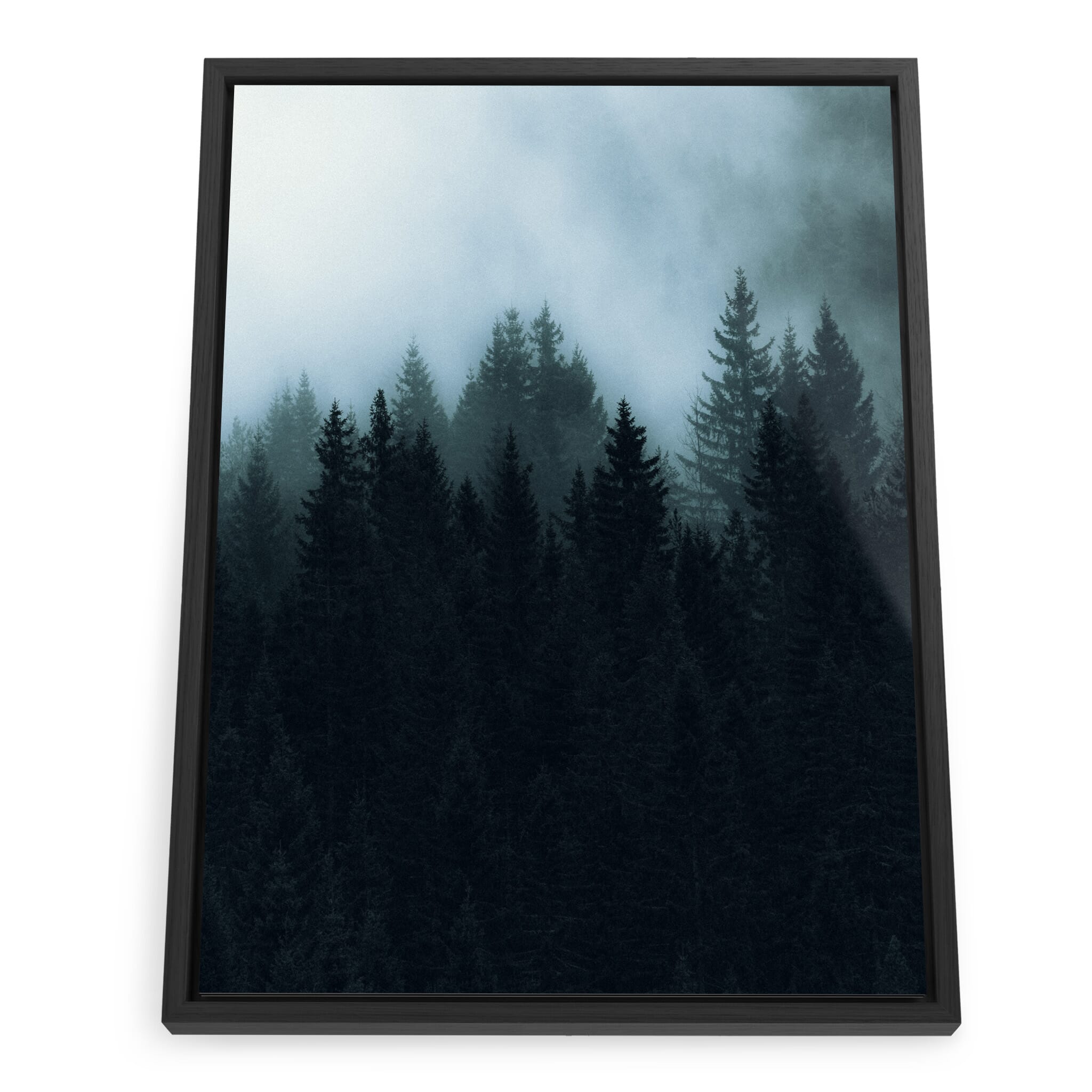 Framed photo print of dark woodland disappearing into morning mist