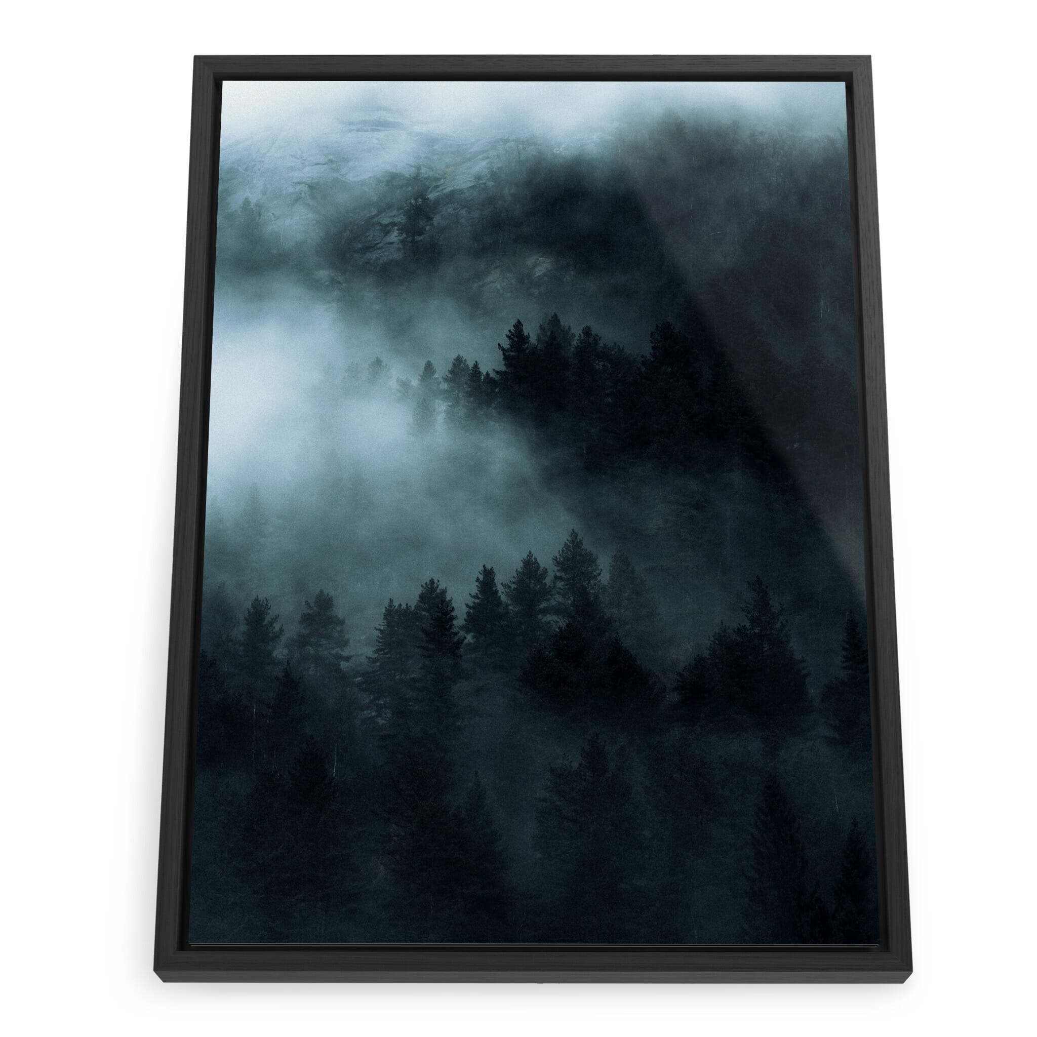 Framed photo print of fog-draped forest with subtle gradients of black