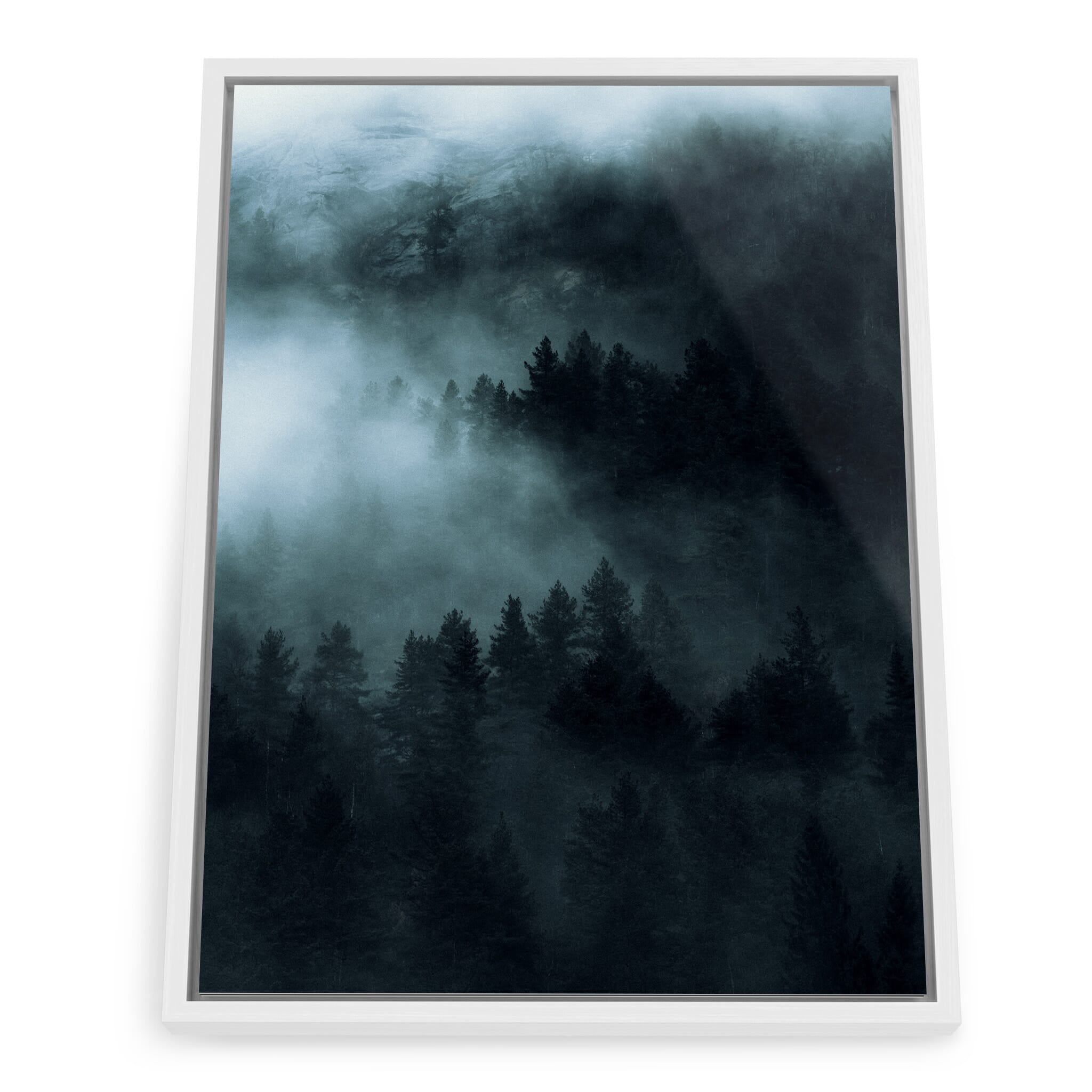 Framed photo print of minimalist woodland shrouded in early morning mist