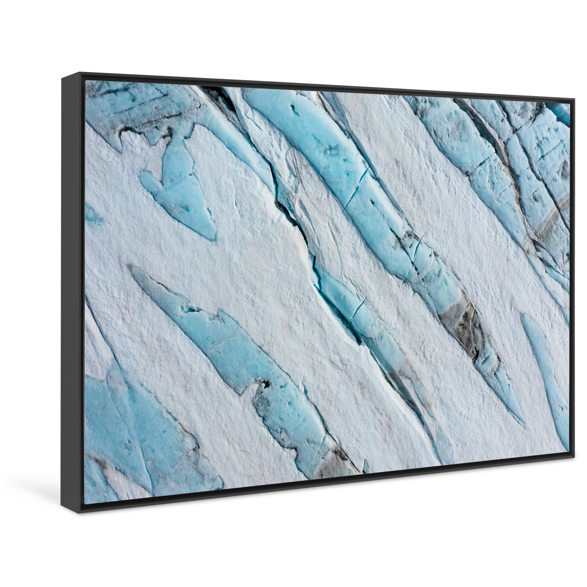 Framed photo print of deep crevasses cutting through vibrant glacier ice