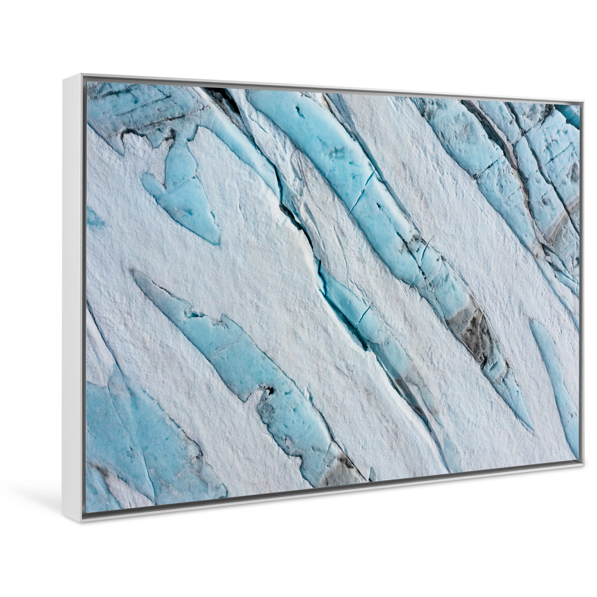 Framed photo print of dramatic glacier forms and glowing ice from aerial view