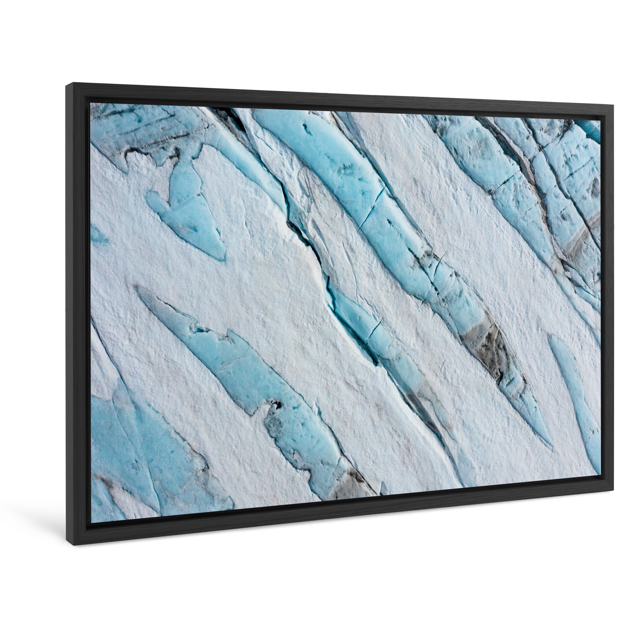 Framed photo print of abstract glacier textures with intense turquoise tones