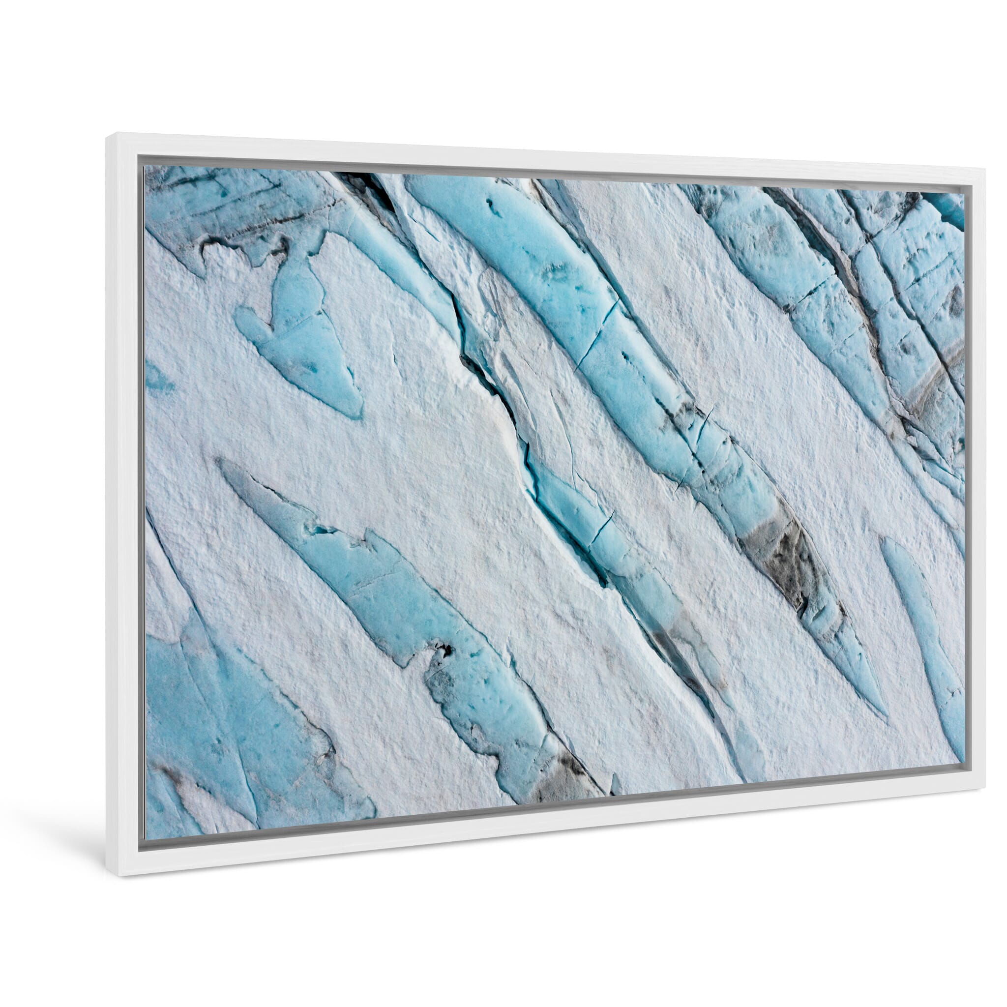 Framed photo print of fractured ice surface shaped by glacier movement