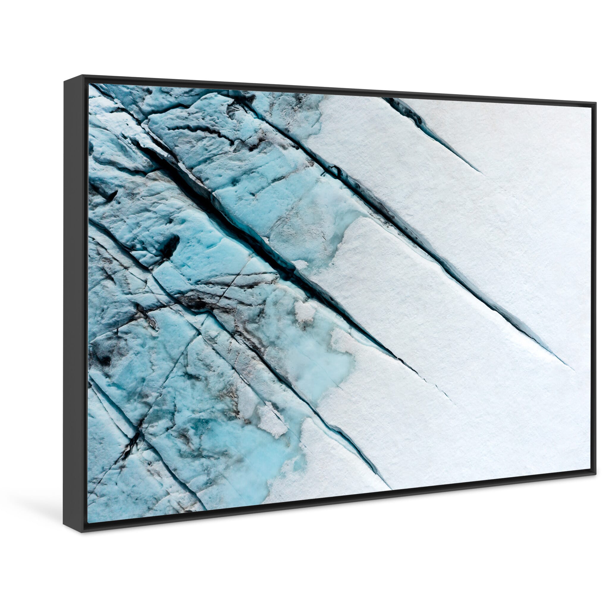 Framed photo print of deep crevasses cutting through vibrant glacier ice in Norway