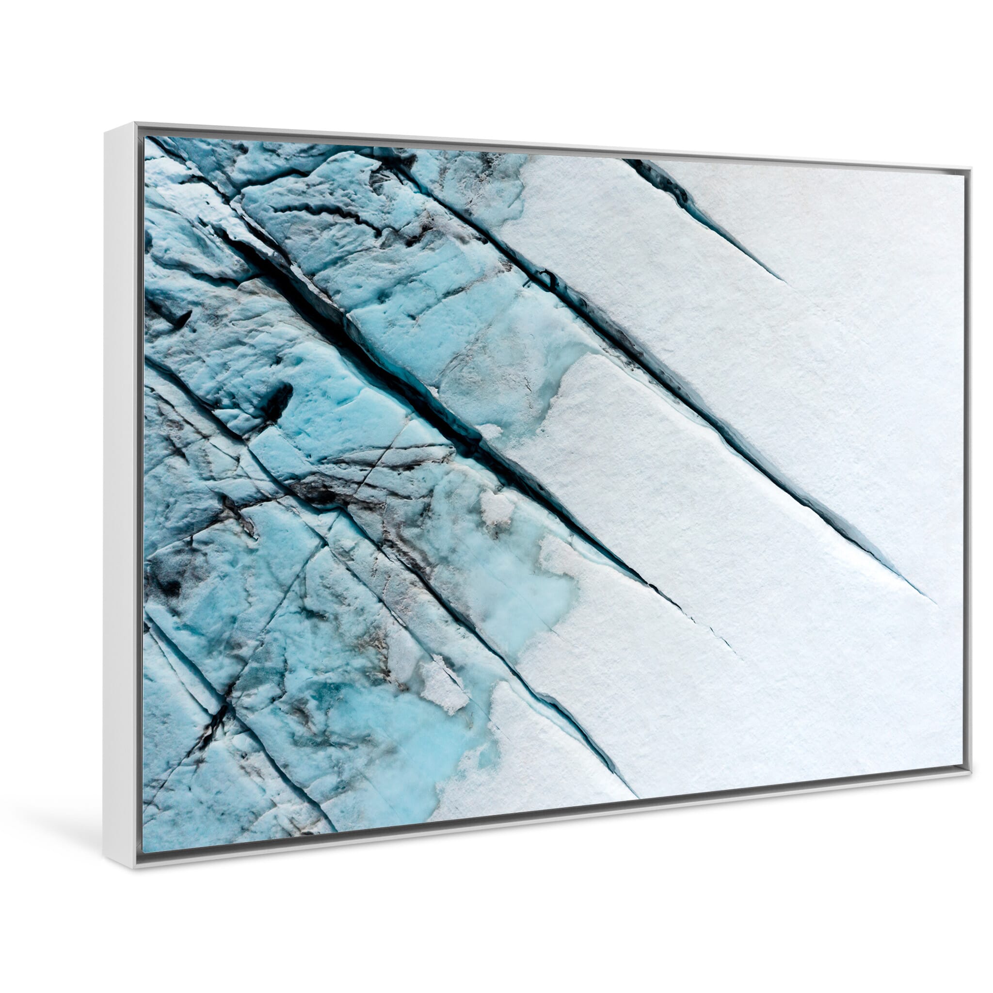 Framed photo print of dramatic glacier forms and glowing ice from aerial view in Norway
