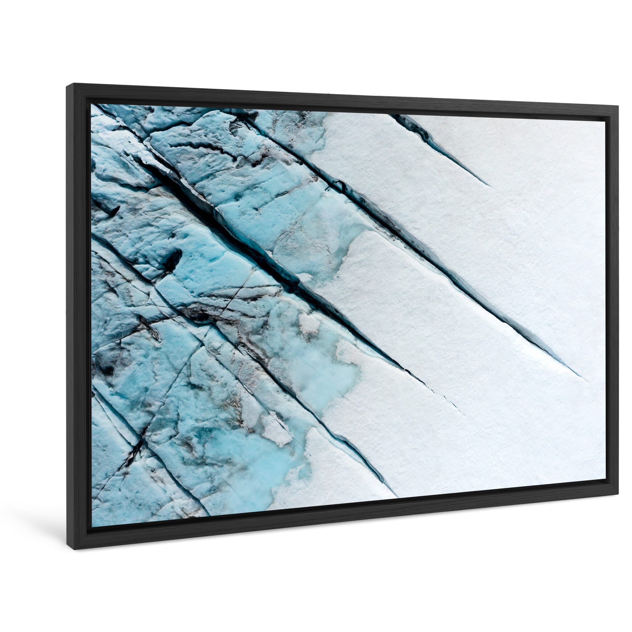 Framed photo print of abstract glacier textures with intense turquoise tones in Norway