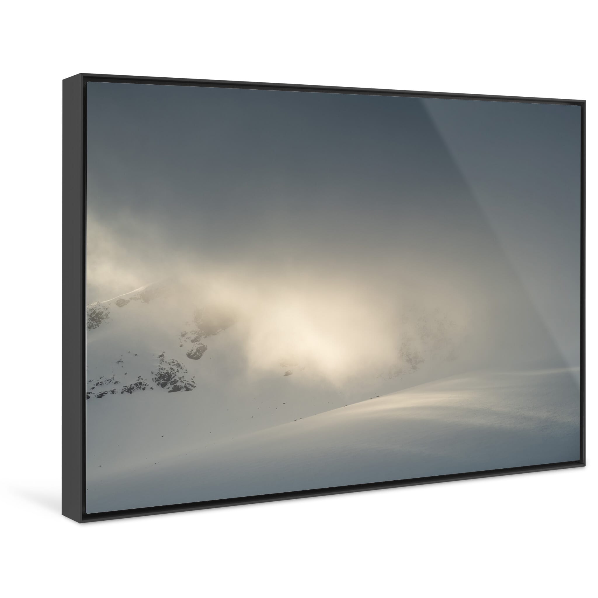 Framed photo print of soft golden light cast over Norwegian mountain pass