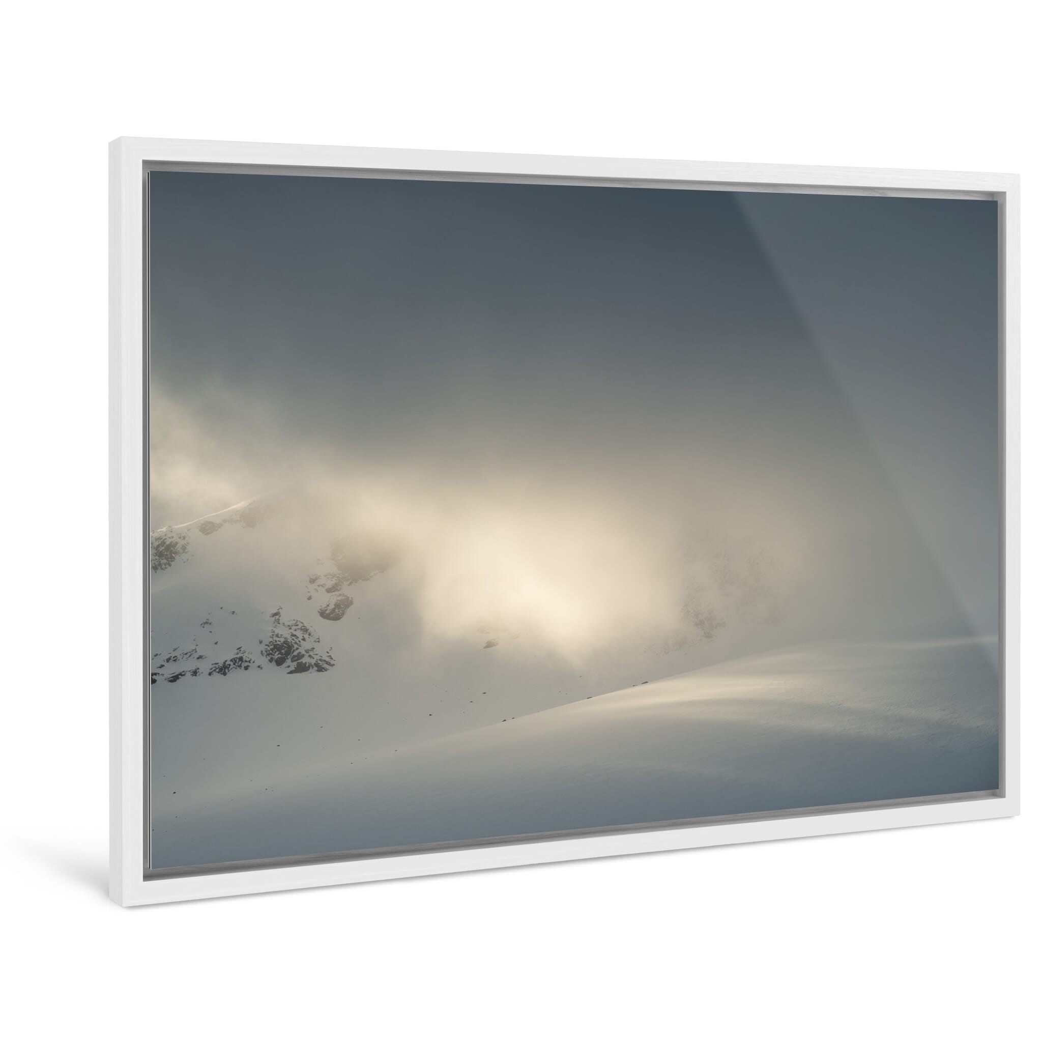 Framed photo print of Sognefjellet peaks with focused beam of warm light on snow