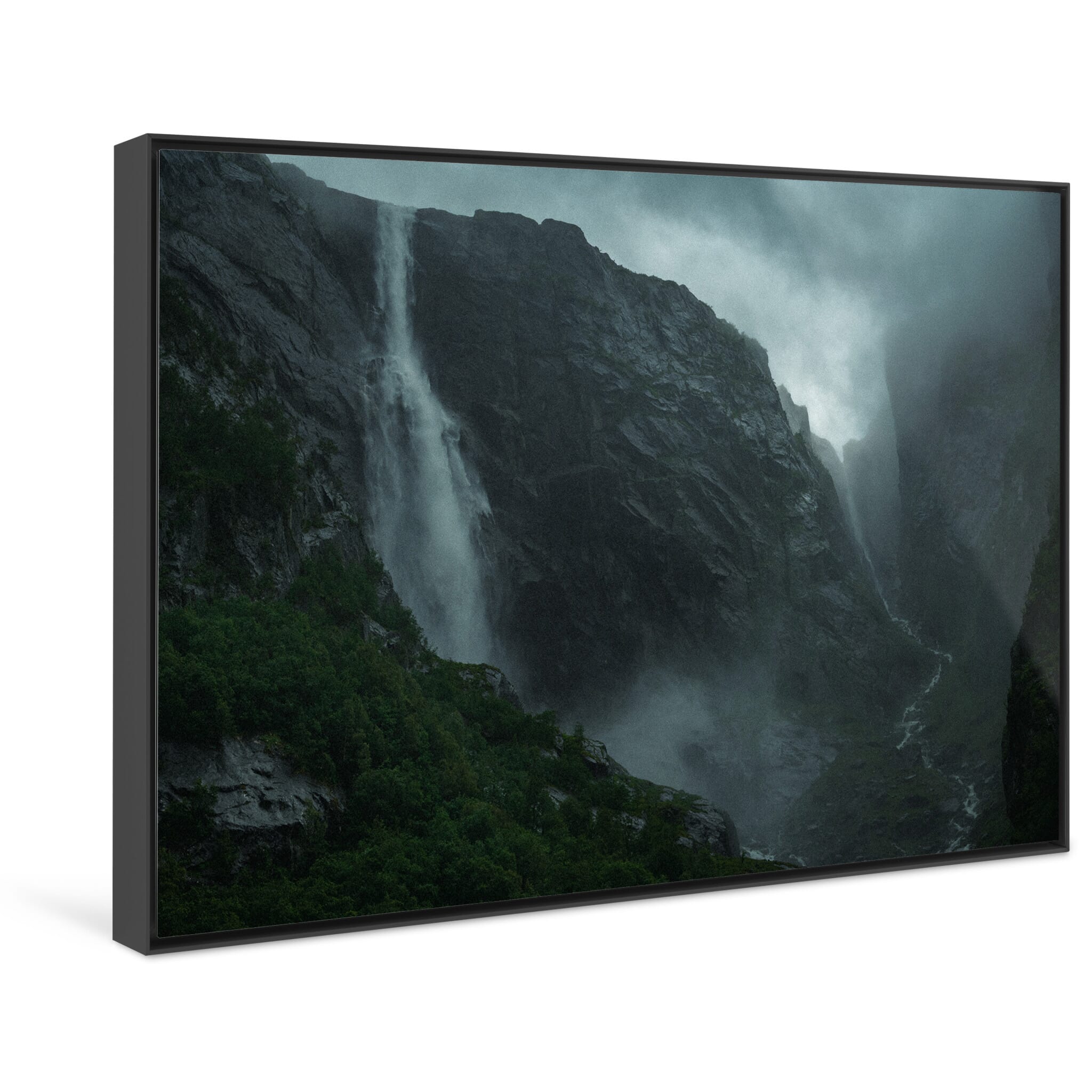 Framed photo print of somber mountain landscape shaped by contrast and shadow