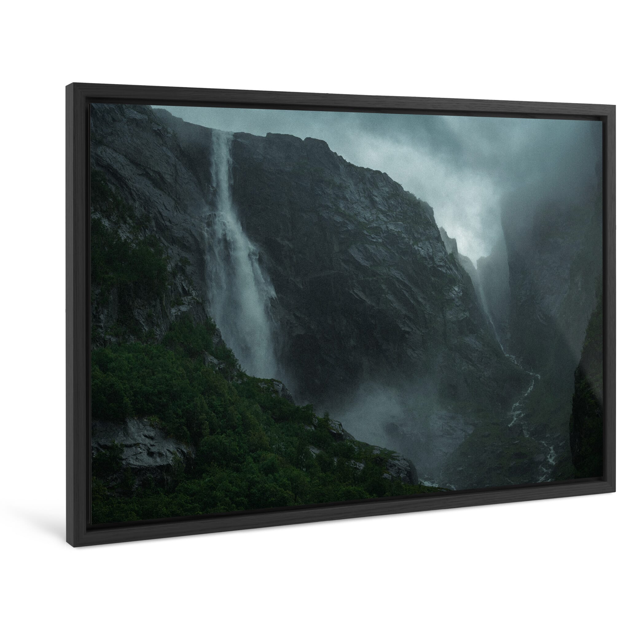 Framed photo print of moody waterfall scene in subdued late summer tones