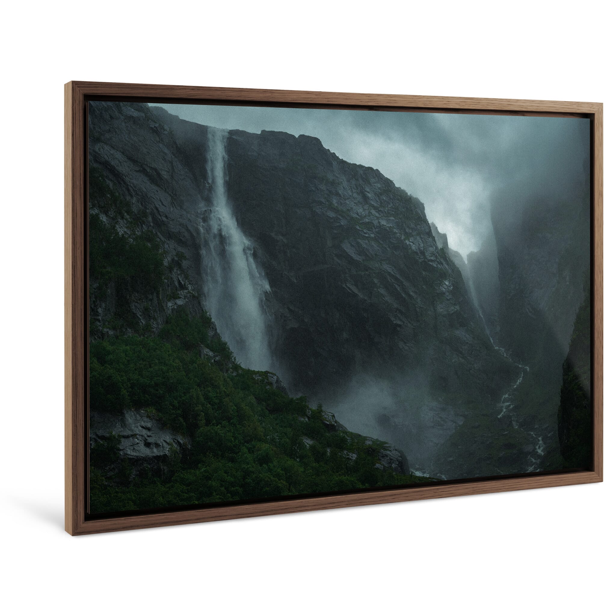 Framed photo print of fjord terrain with filtered light and dark textures