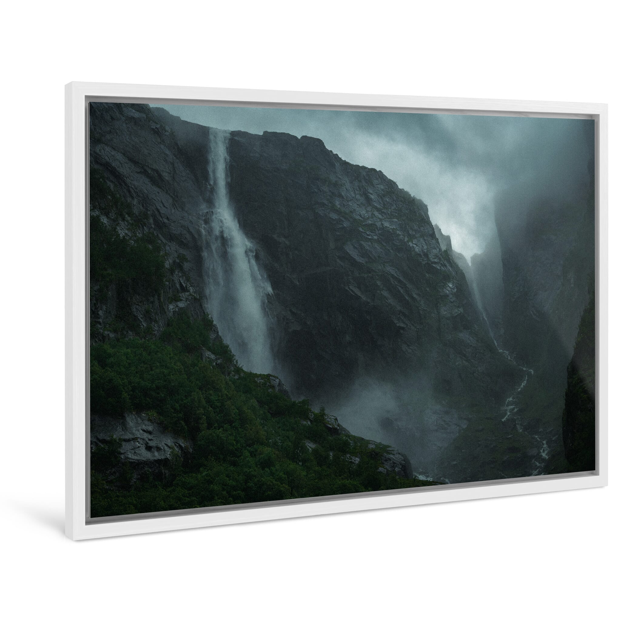 Framed photo print of dramatic Norwegian cliffs with cascading water